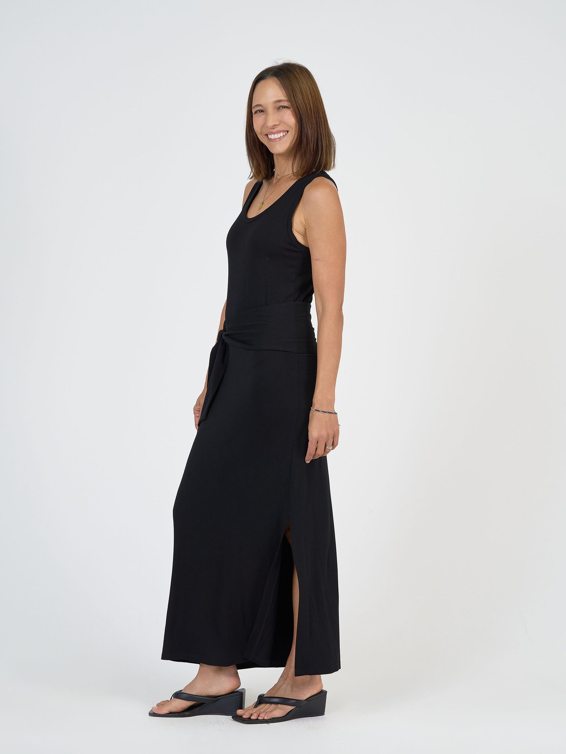 Lou Lou Australia Bamboo Black Maxi Dress with waist belt