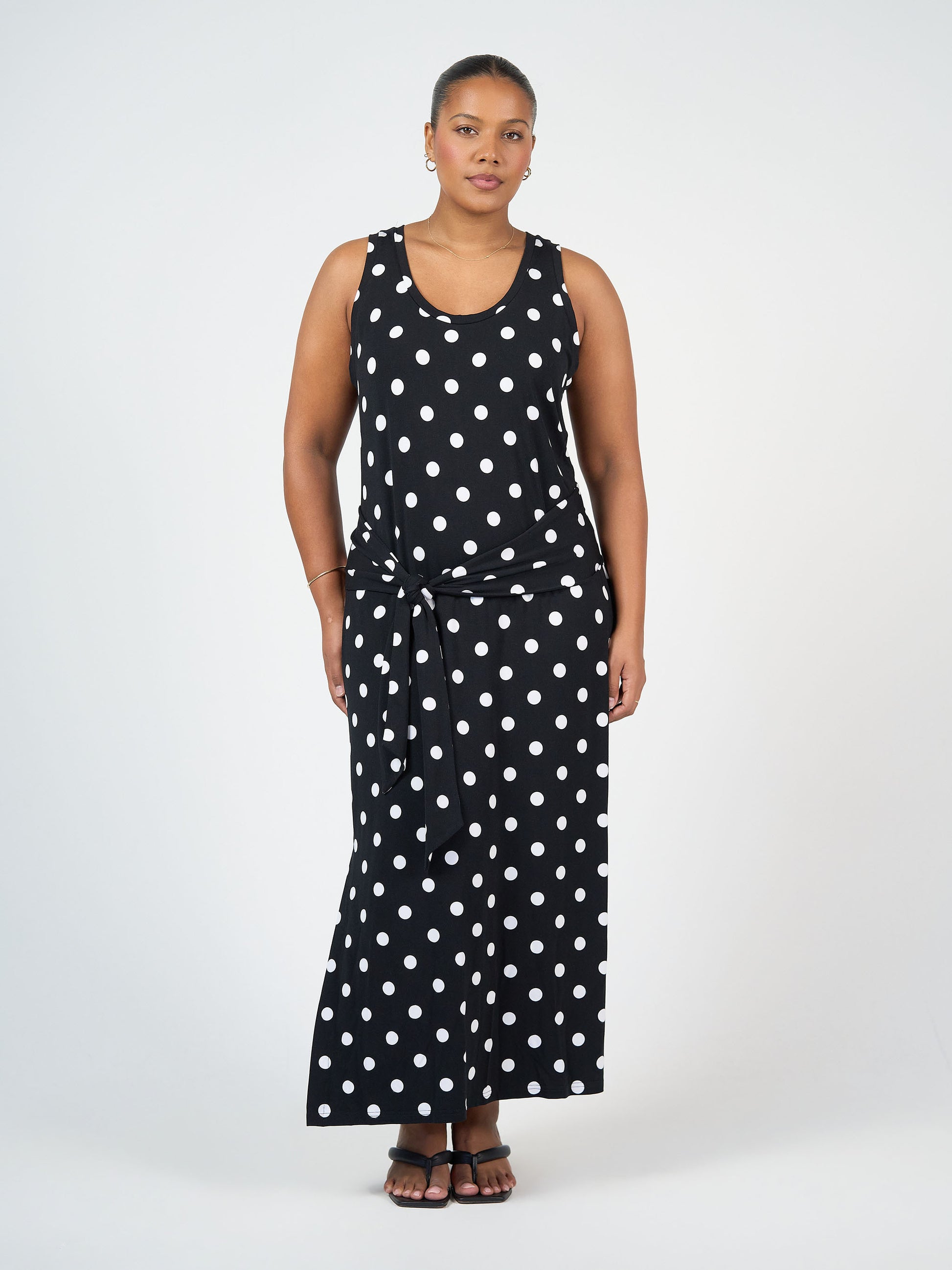 Lou Lou Australia Bamboo Maxi Dress with waist belt Black and white polka dot 