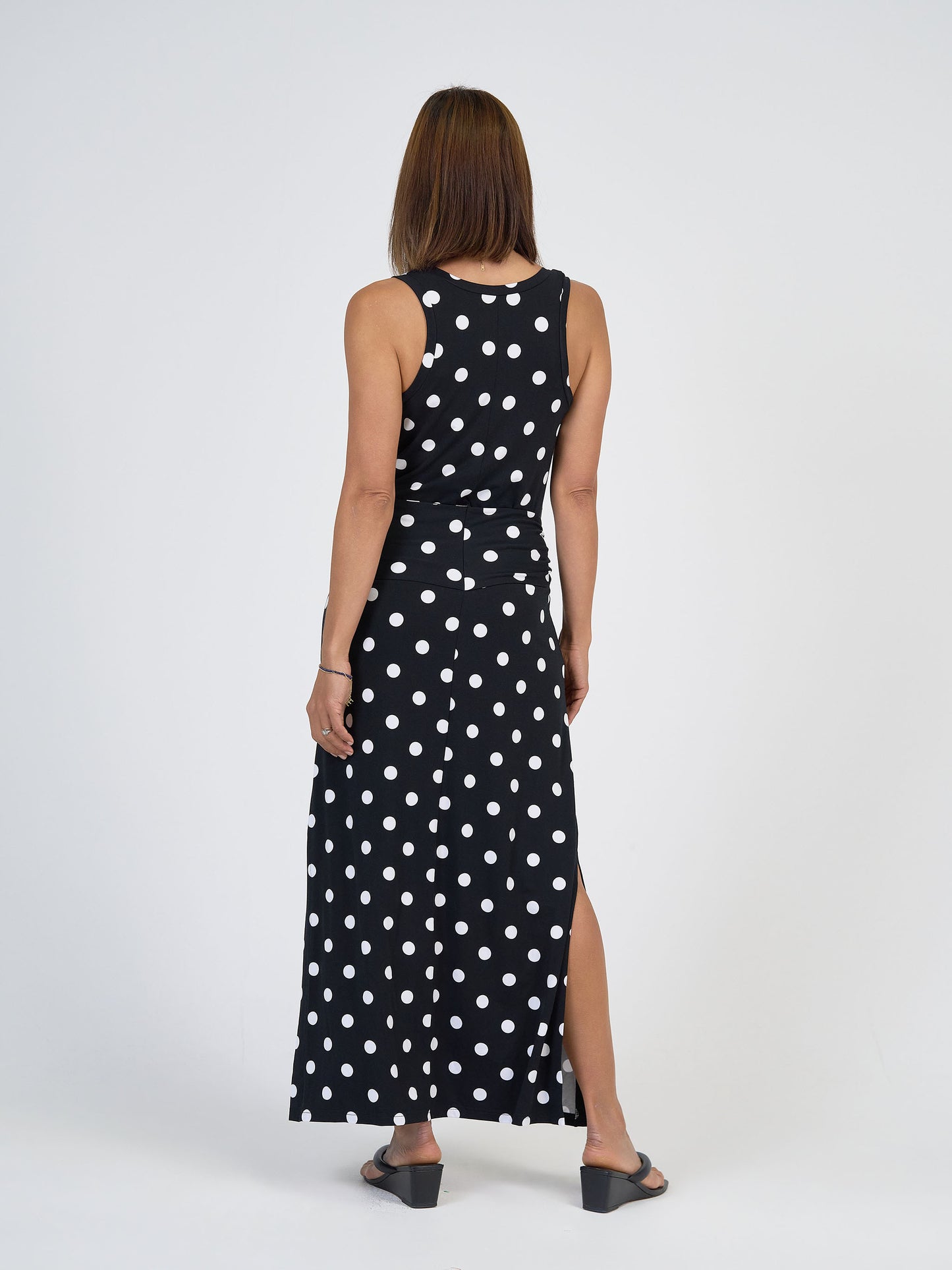 Lou Lou Australia Bamboo Maxi Dress with waist belt Black and white polka dot 