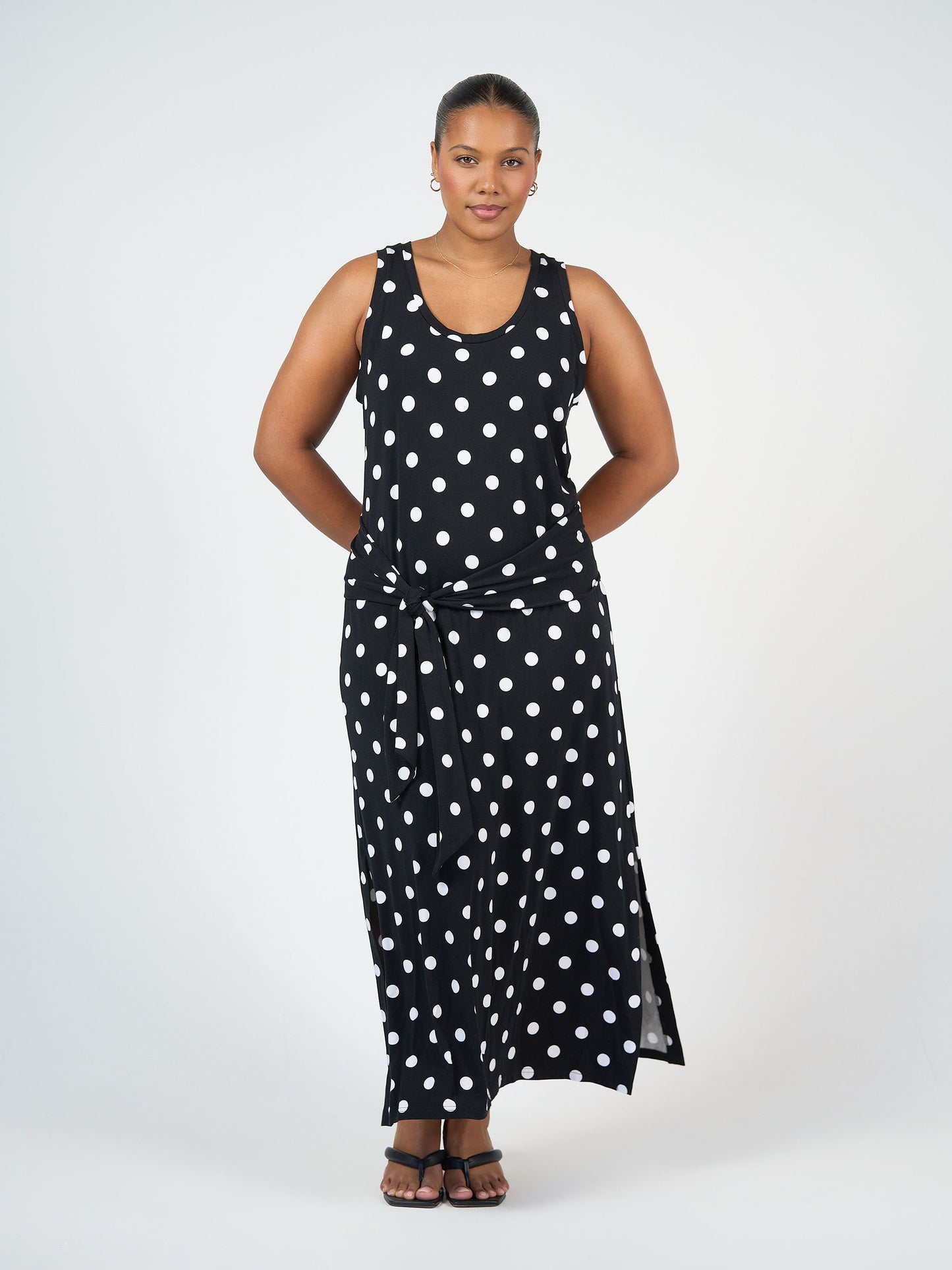 Lou Lou Australia Bamboo Maxi Dress with waist belt Black and white polka dot 