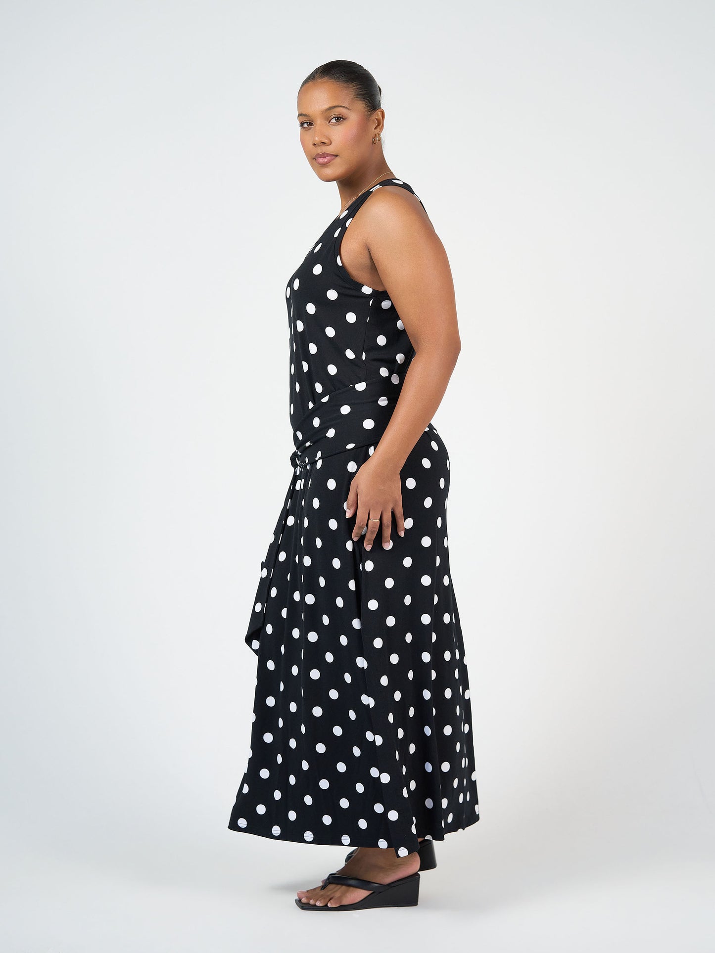 Lou Lou Australia Bamboo Maxi Dress with waist belt Black and white polka dot 