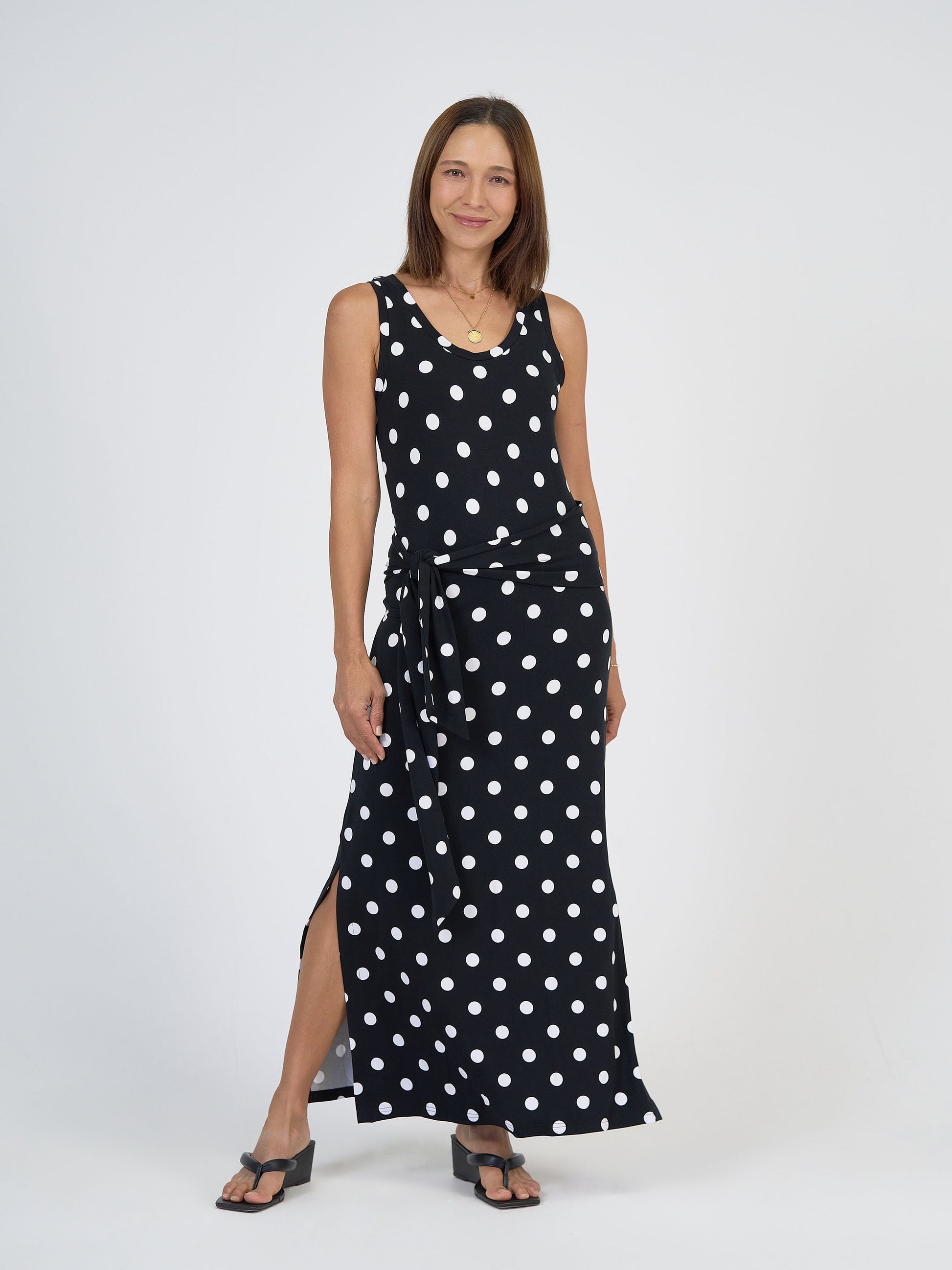 Lou Lou Australia Bamboo Maxi Dress with waist belt Black and white polka dot 