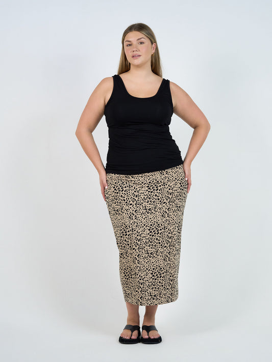 Lou Lou Australia Maxi Bamboo Whitney Tube Skirt in Brown Leopard, featuring soft bamboo fabric with an all-over leopard print.