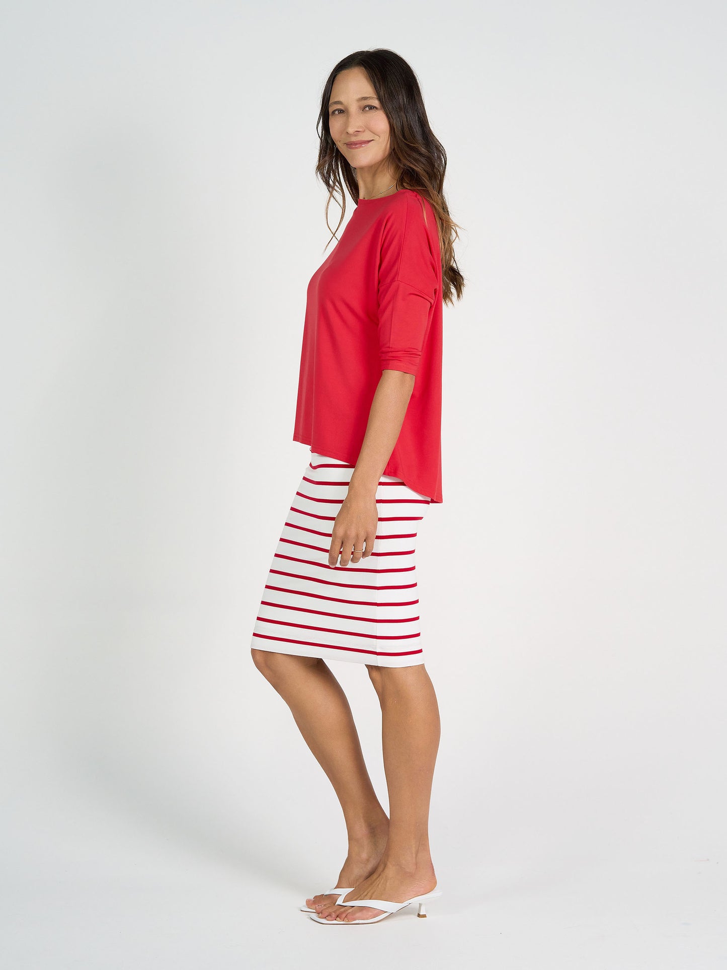 Midi Bamboo Whitney Tube Skirt - Lipstick& White Stripe