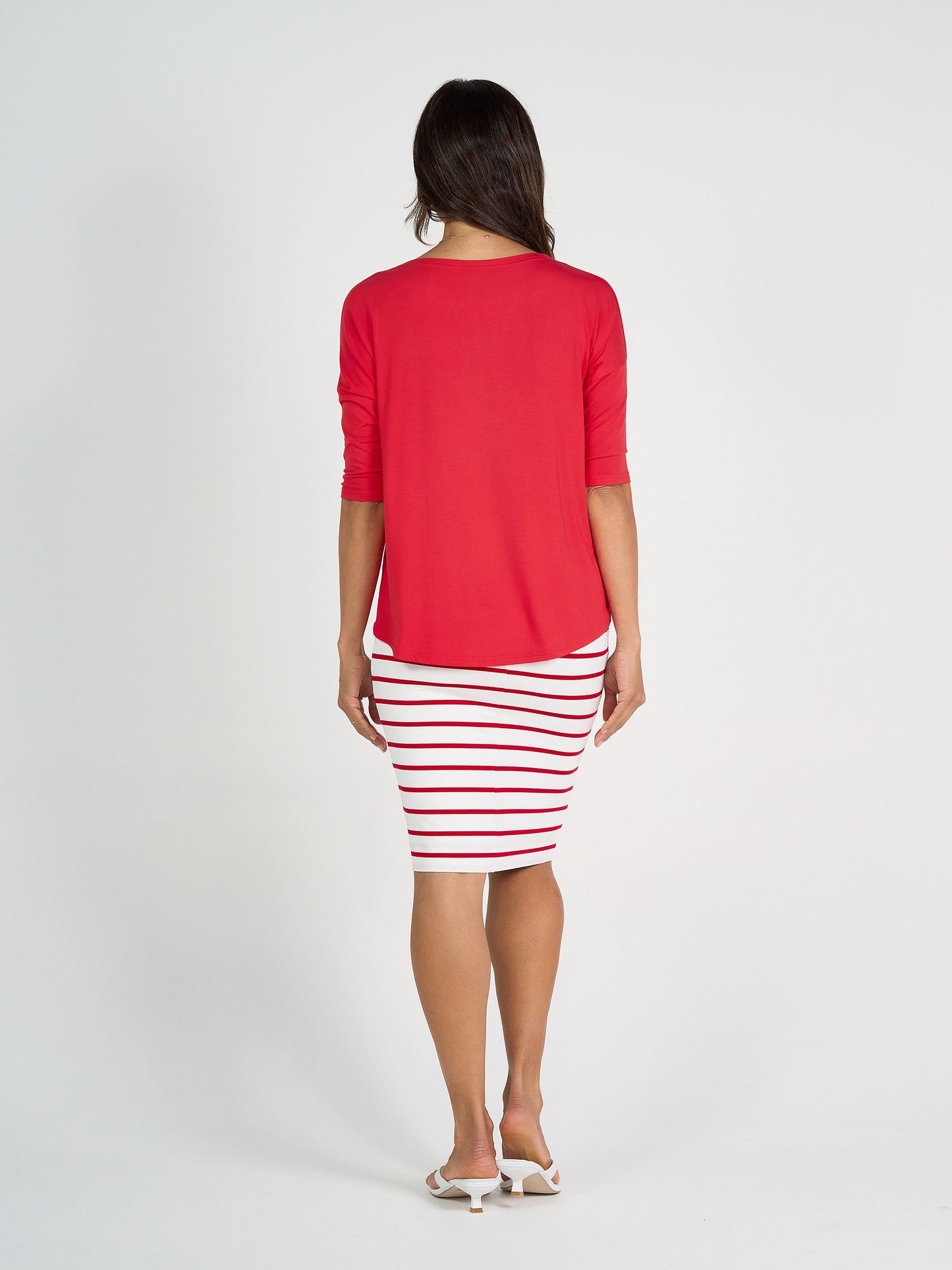 Midi Bamboo Whitney Tube Skirt - Lipstick& White Stripe
