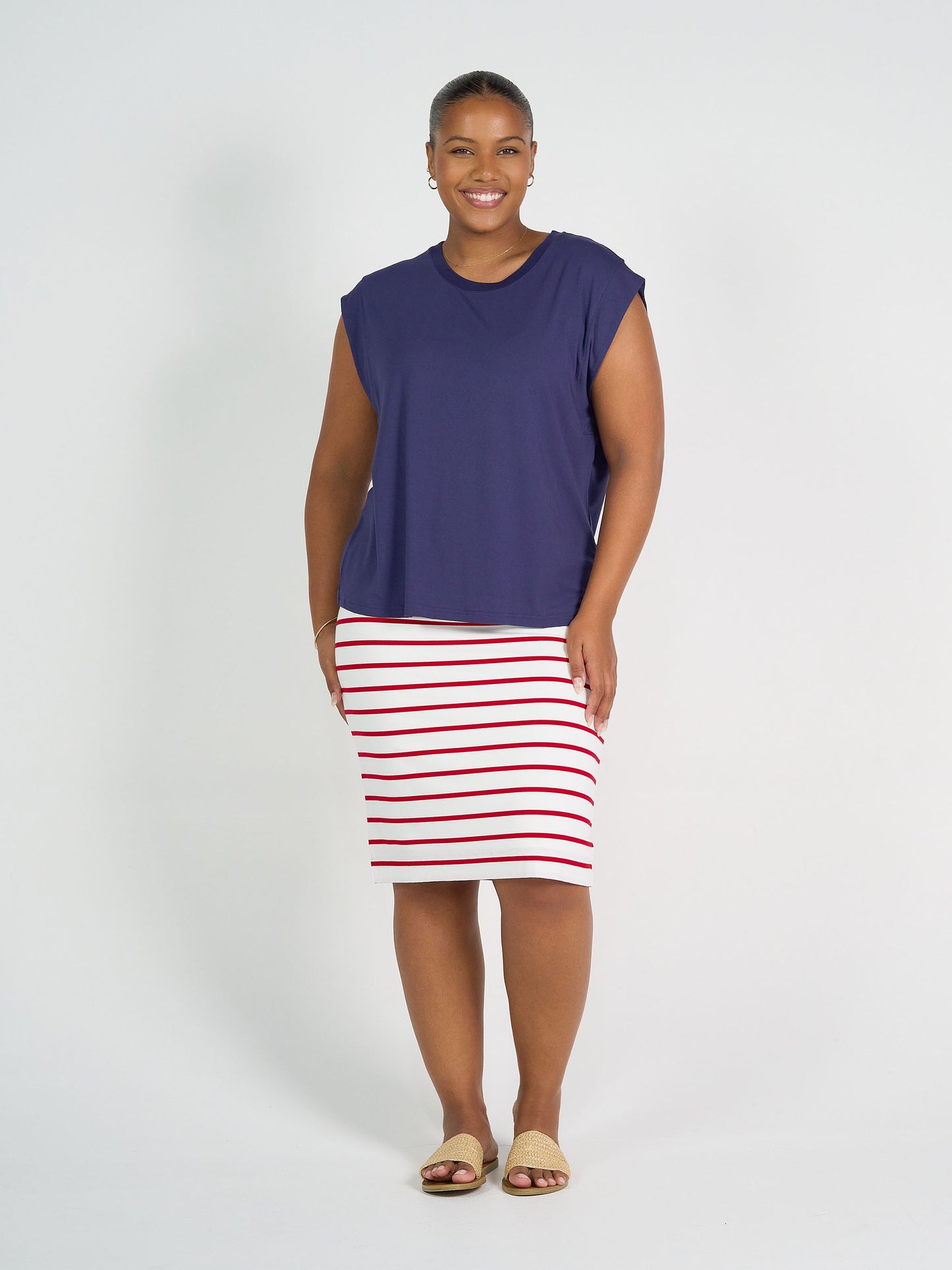 Midi Bamboo Whitney Tube Skirt - Lipstick& White Stripe