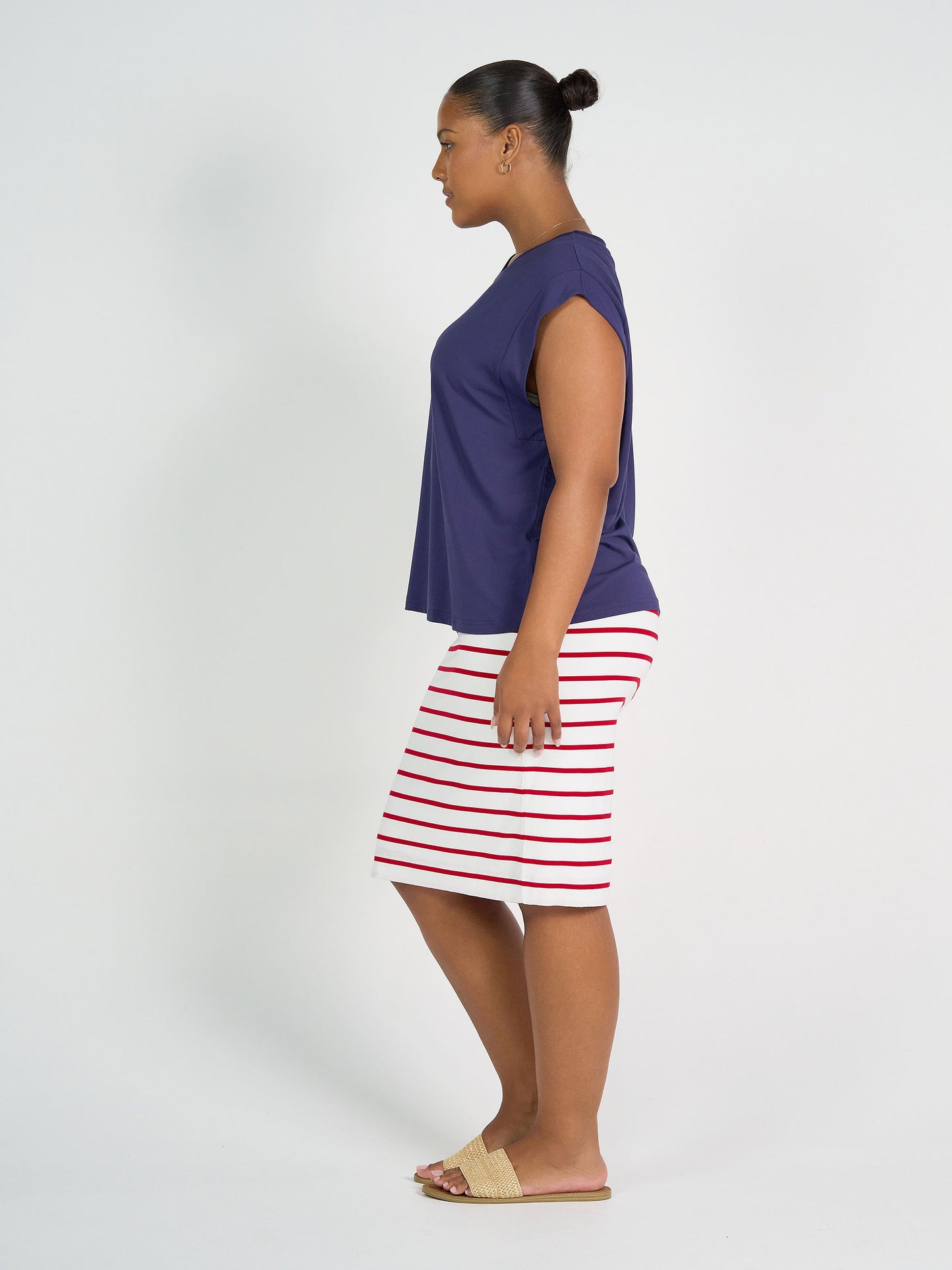 Midi Bamboo Whitney Tube Skirt - Lipstick& White Stripe