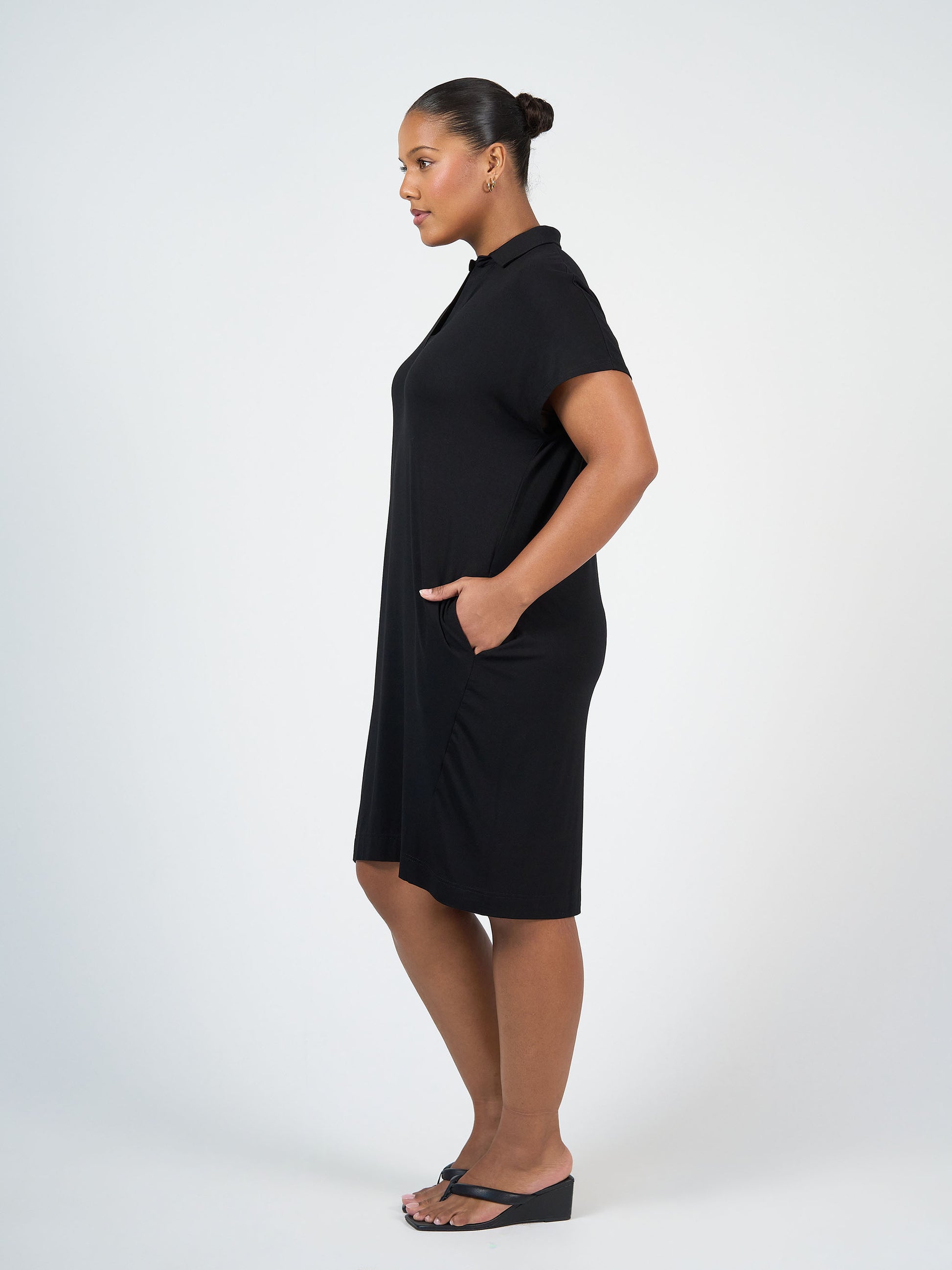 Lou Lou Australia Bamboo Black Collared Knee Length T-Shirt Dress