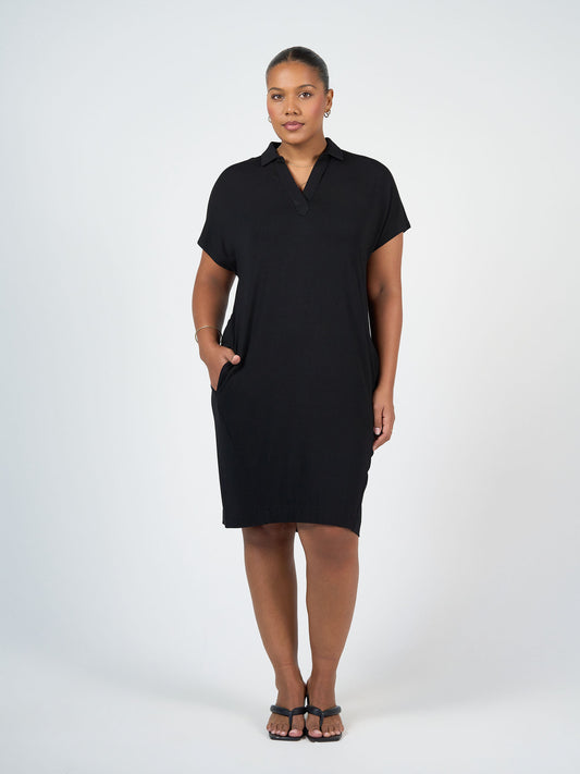 Lou Lou Australia Bamboo Black Collared Knee Length T-Shirt Dress