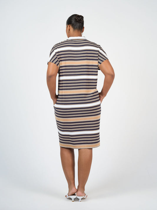 Lou Lou Australia Bamboo Navy White Tan Stripe knee length Collared T- Shirt Dress 