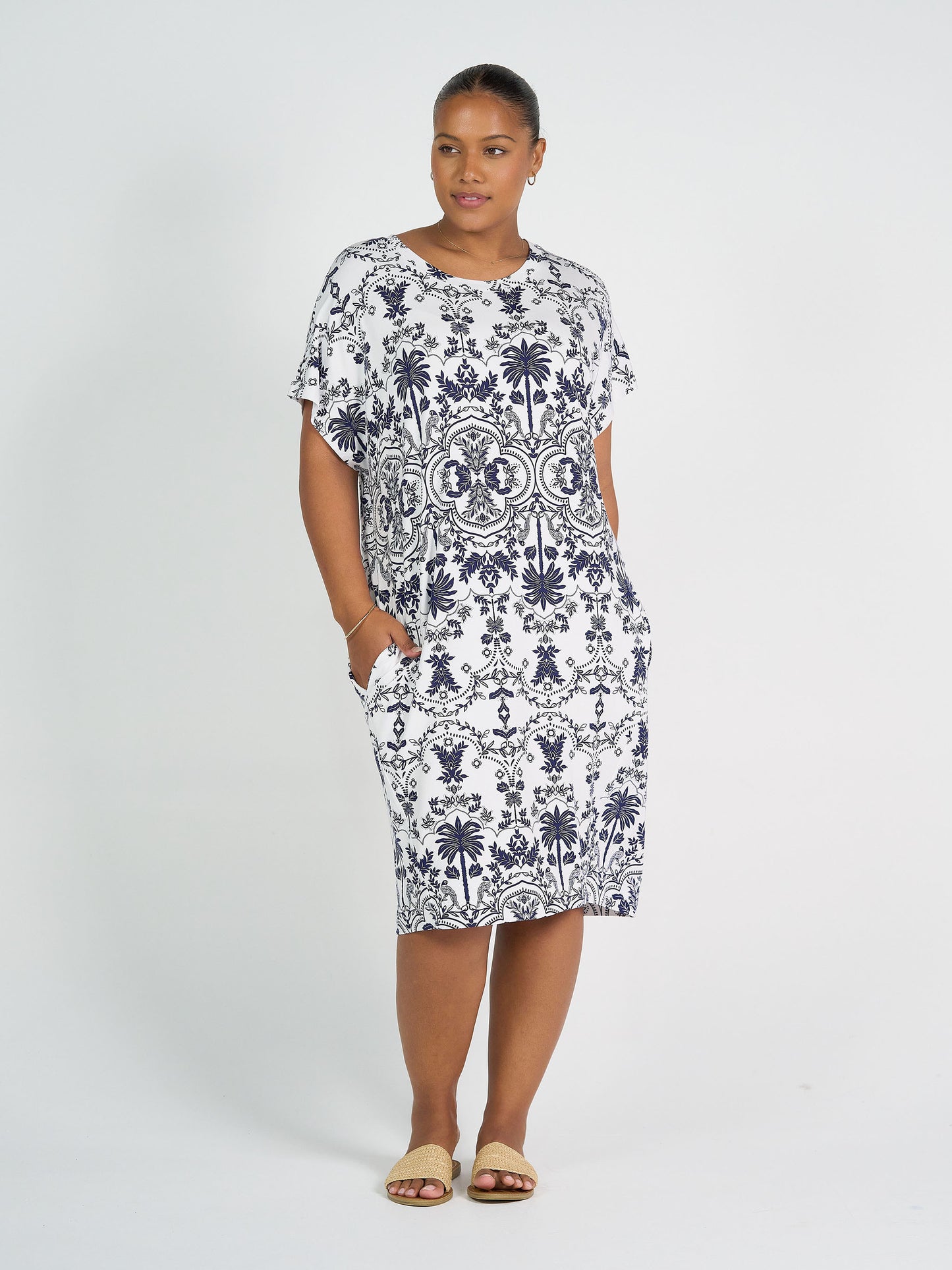 Nicks Bamboo Short Sleeve T-Shirt Dress - Blue Palm