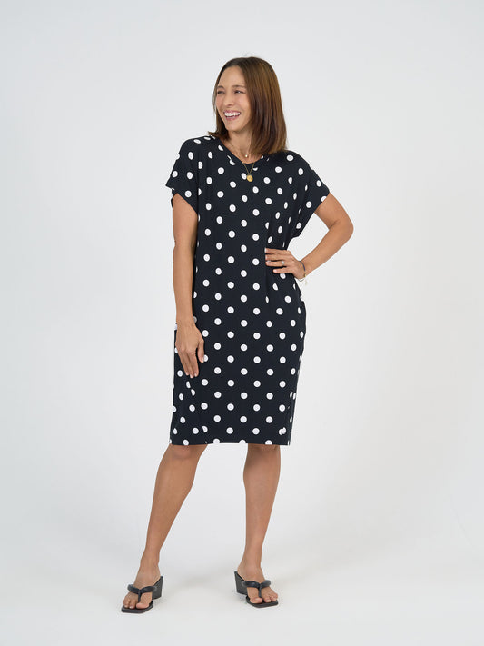Lou Lou Australia Nicks Bamboo Short Sleeve T-Shirt Dress in black polka dot pattern.