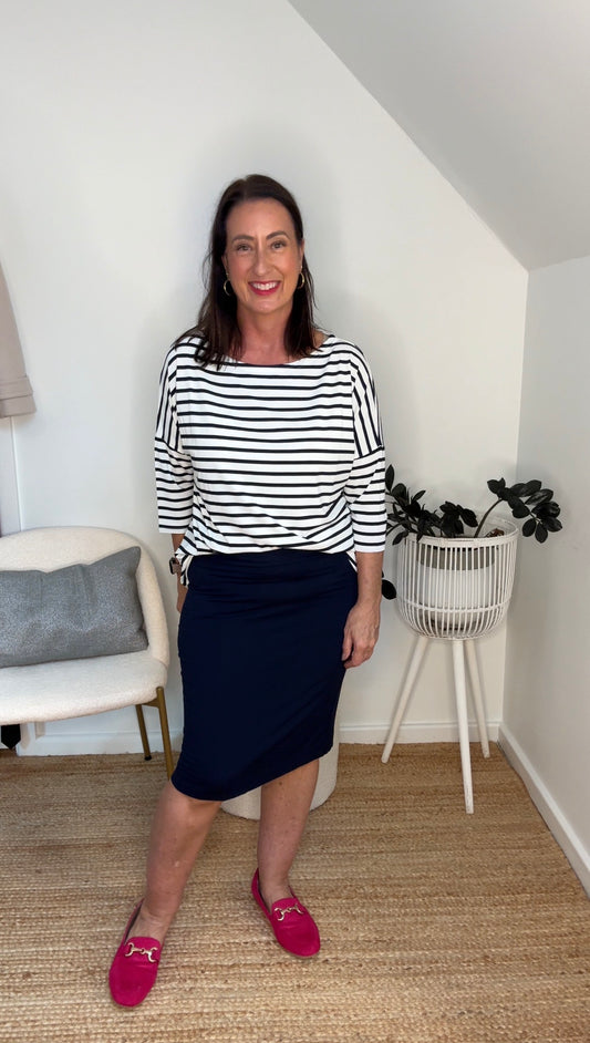 @salt.water.nomad wearing Lou Lou Australia navy tube skirt