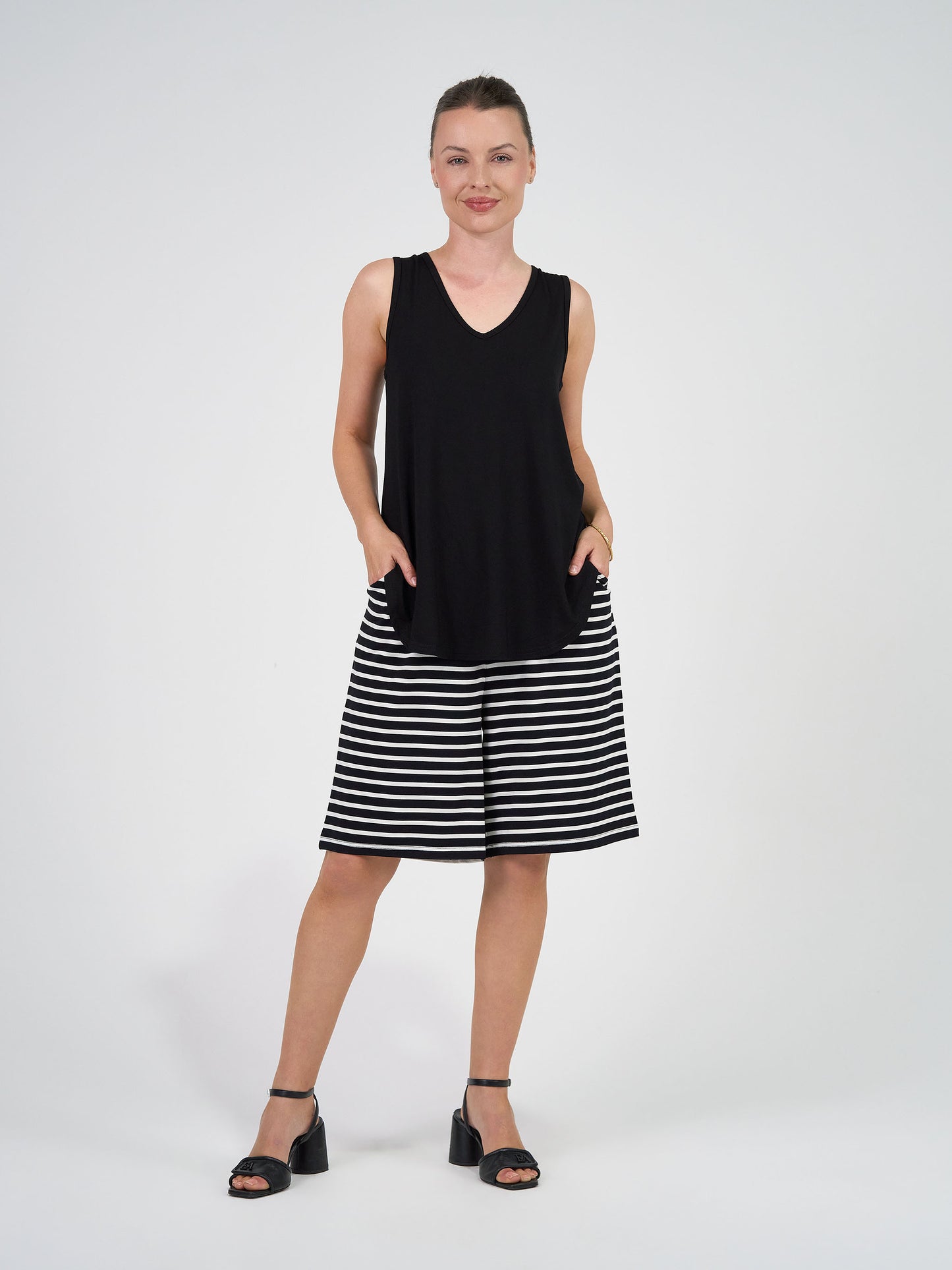 Simone Wide Leg Bamboo Shorts - Black & White Stripe
