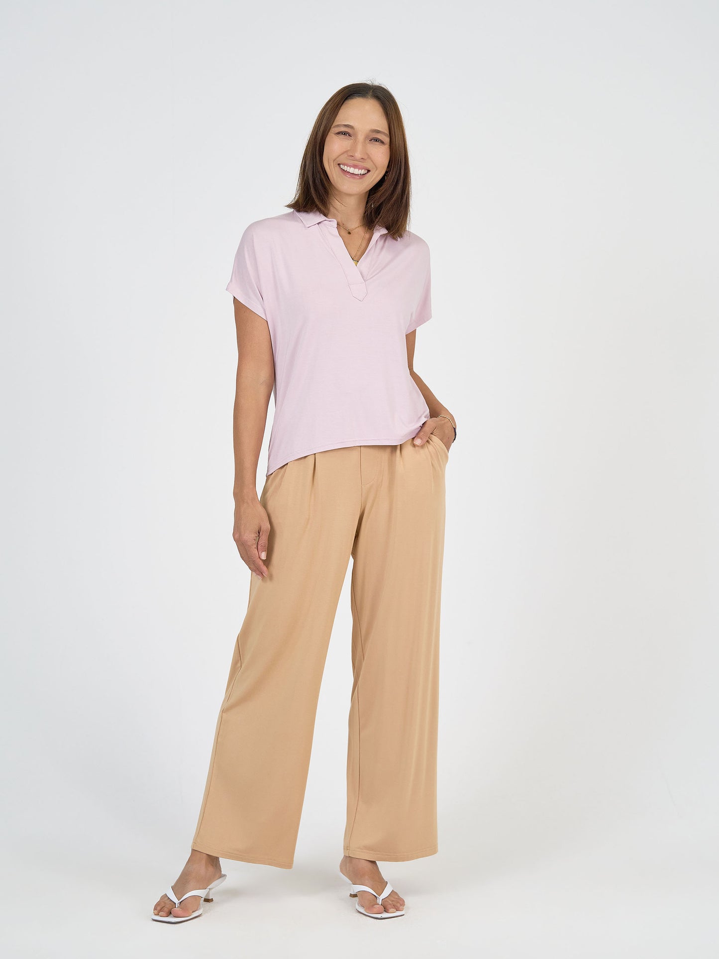 Lou Lou Australia Bamboo purple lilac polo top and tan-beige wide-leg pants 