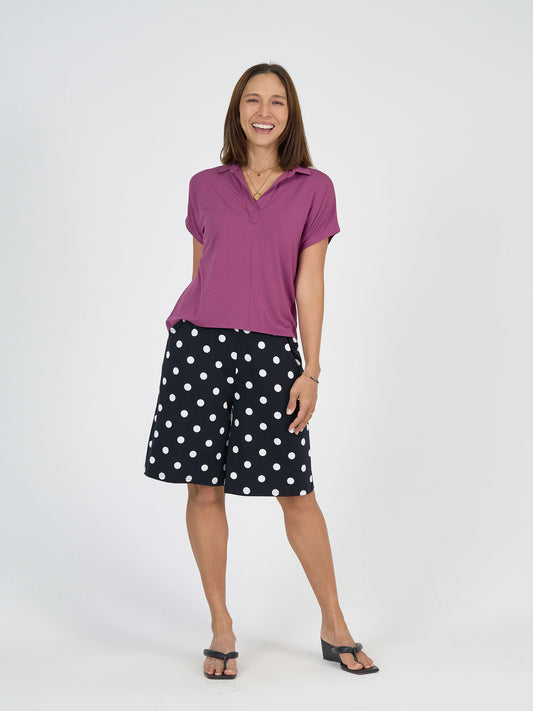 Lou Lou Australia Simone Wide Leg Bamboo Shorts in a playful black and white polka dot print.