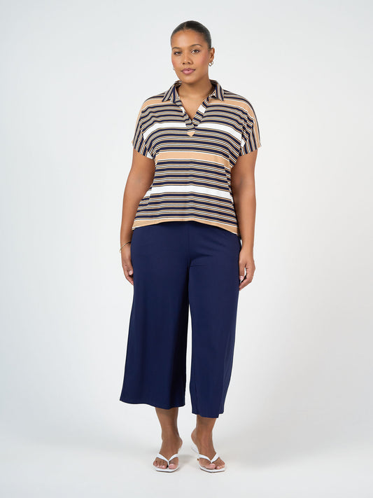 Lou Lou Australia Rush Bamboo Short Sleeve Collared Polo Top - Stripe in brown, black, and white tones.