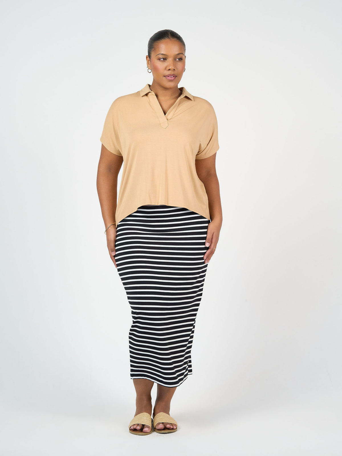 Lou Lou Australia Maxi Bamboo Whitney Tube Skirt in Black & White Stripe.