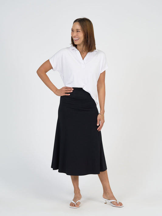 Jackson Bamboo A-Line Maxi Skirt by Lou Lou Australia in a soft, flowing bamboo fabric and neutral colour.