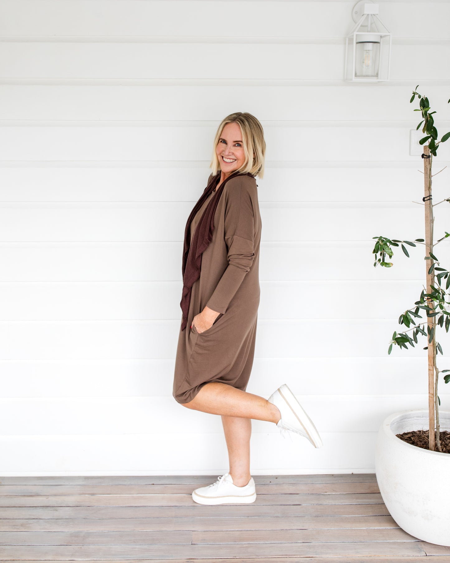 Turner Long-Sleeve Bamboo T-Shirt Dress - Chocolate