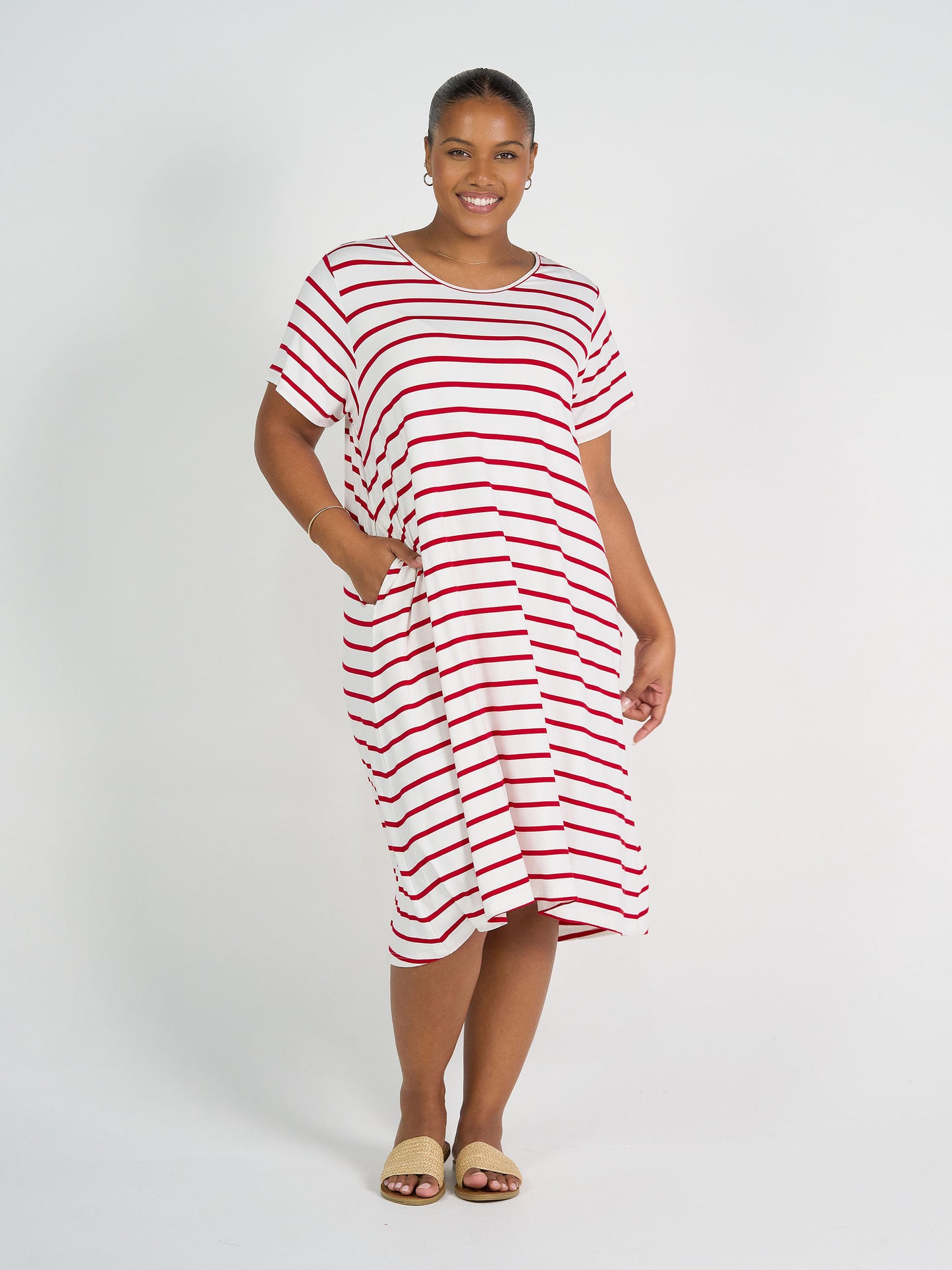 Sade Bamboo Midi Dress - Lipstick & White Stripe