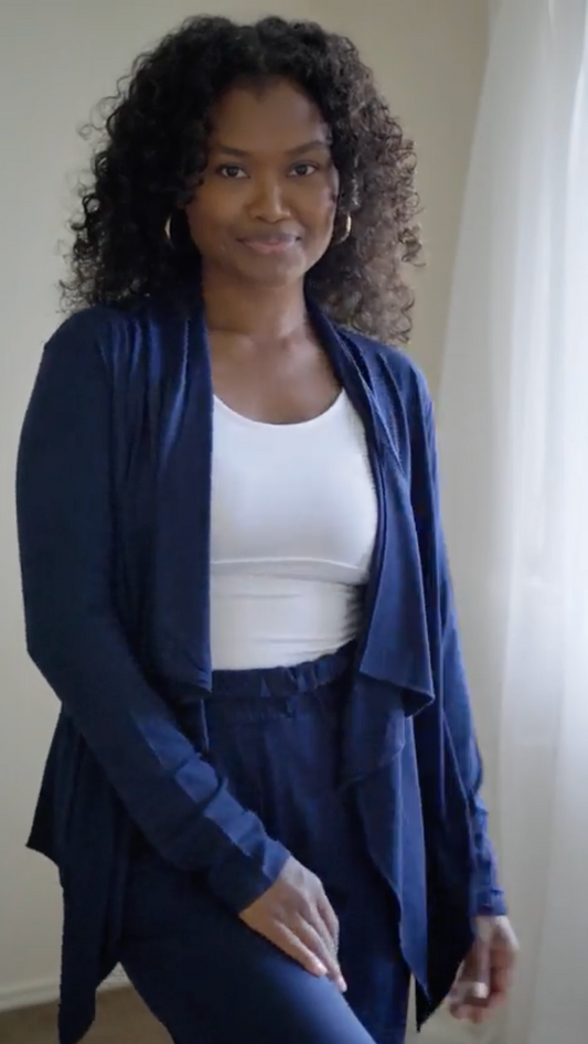 @melanesian.mumma in lou lou australia navy bamboo dress pants and cardigan