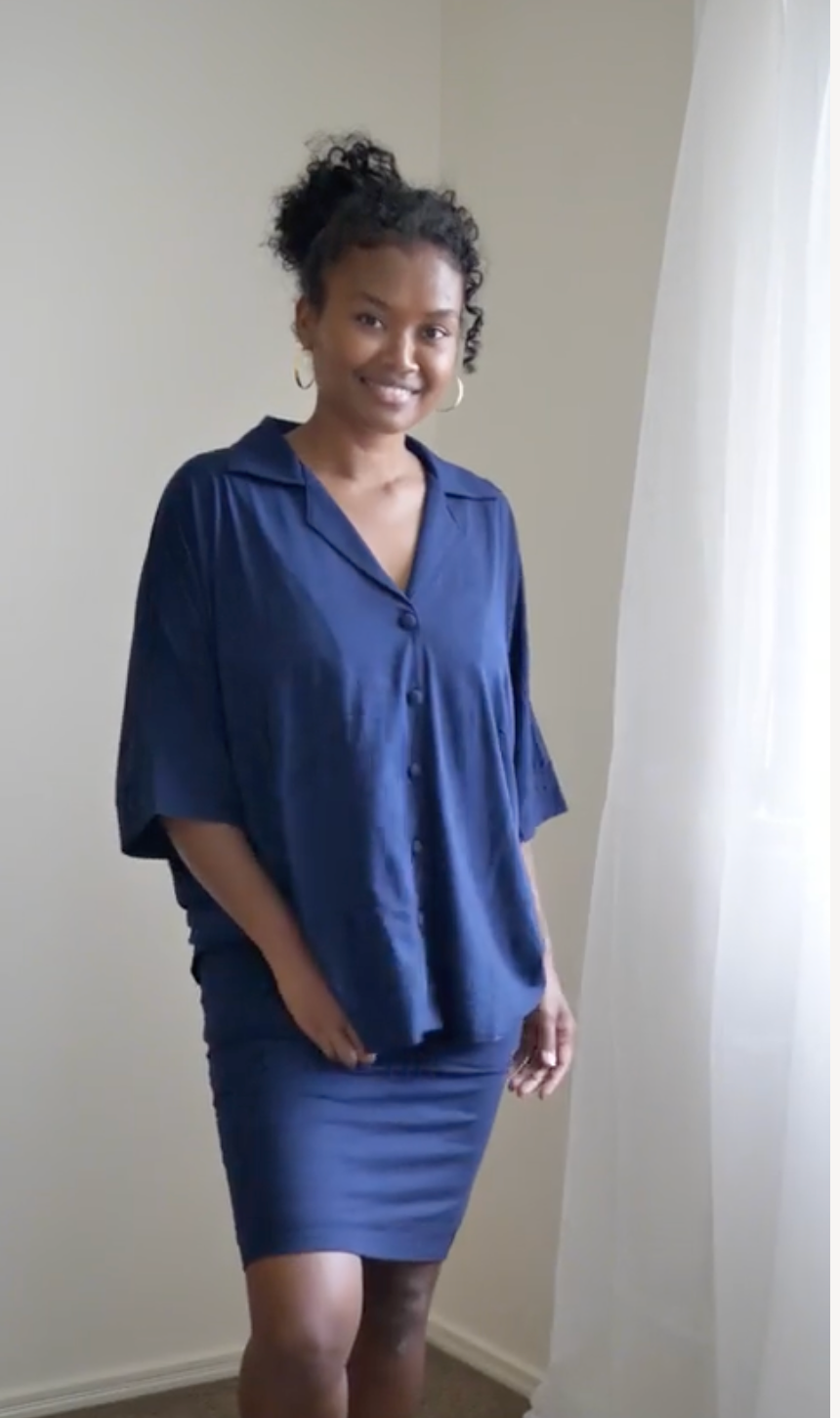 @melanesian.mumma in lou lou australia navy bamboo blouse and tube skirt