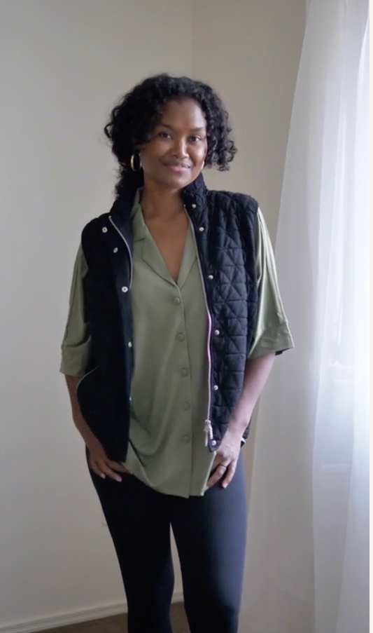 @melanesian.mumma in lou lou australia green bamboo blouse and puffer vest