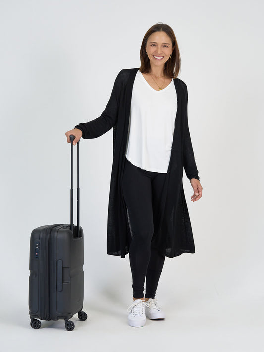 Cashmere Cardigan styled with black leggings and white long sleeve top Lou Lou Australia 