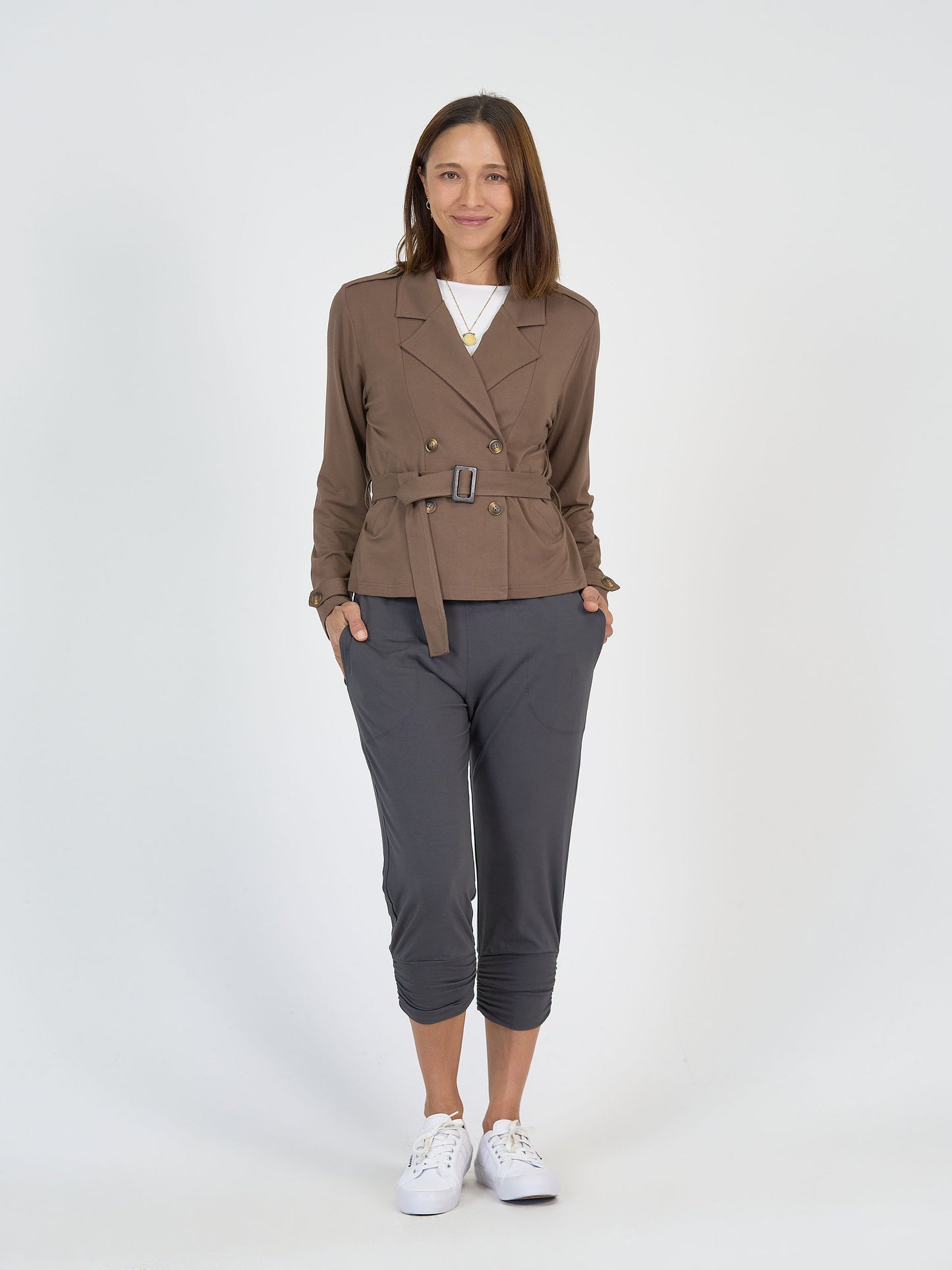 Lou Lou Australia Chocolate Cropped Trench Coat and Grey Jogger Pant