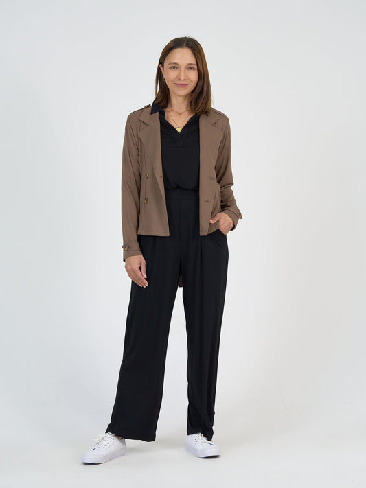 Lou Lou Australia Chocolate Cropped Trench Coat and Black Wide Leg Dress Pant
