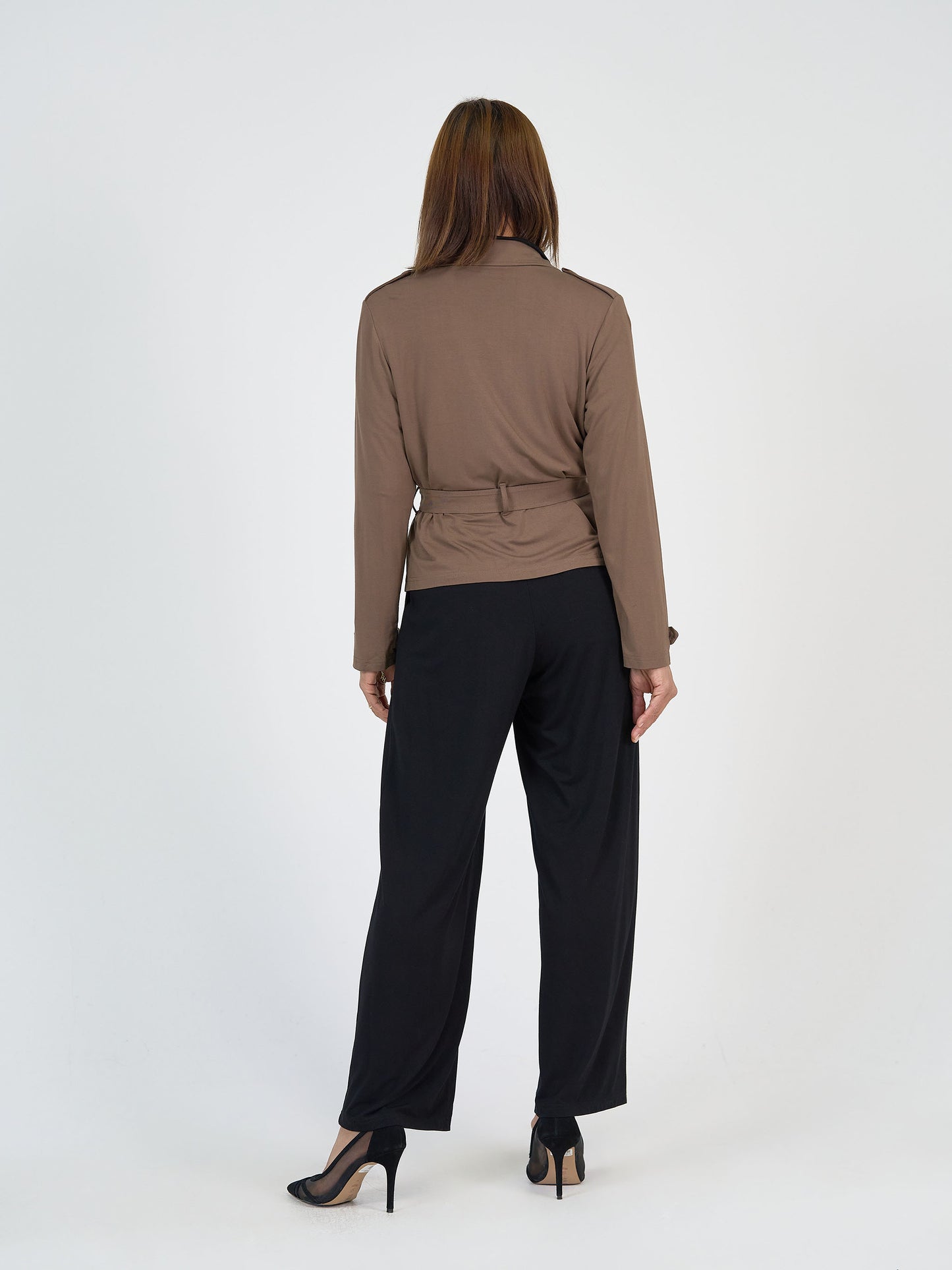 Lou Lou Australia Chocolate Cropped Trench Coat and Black Wide leg Dress Pant