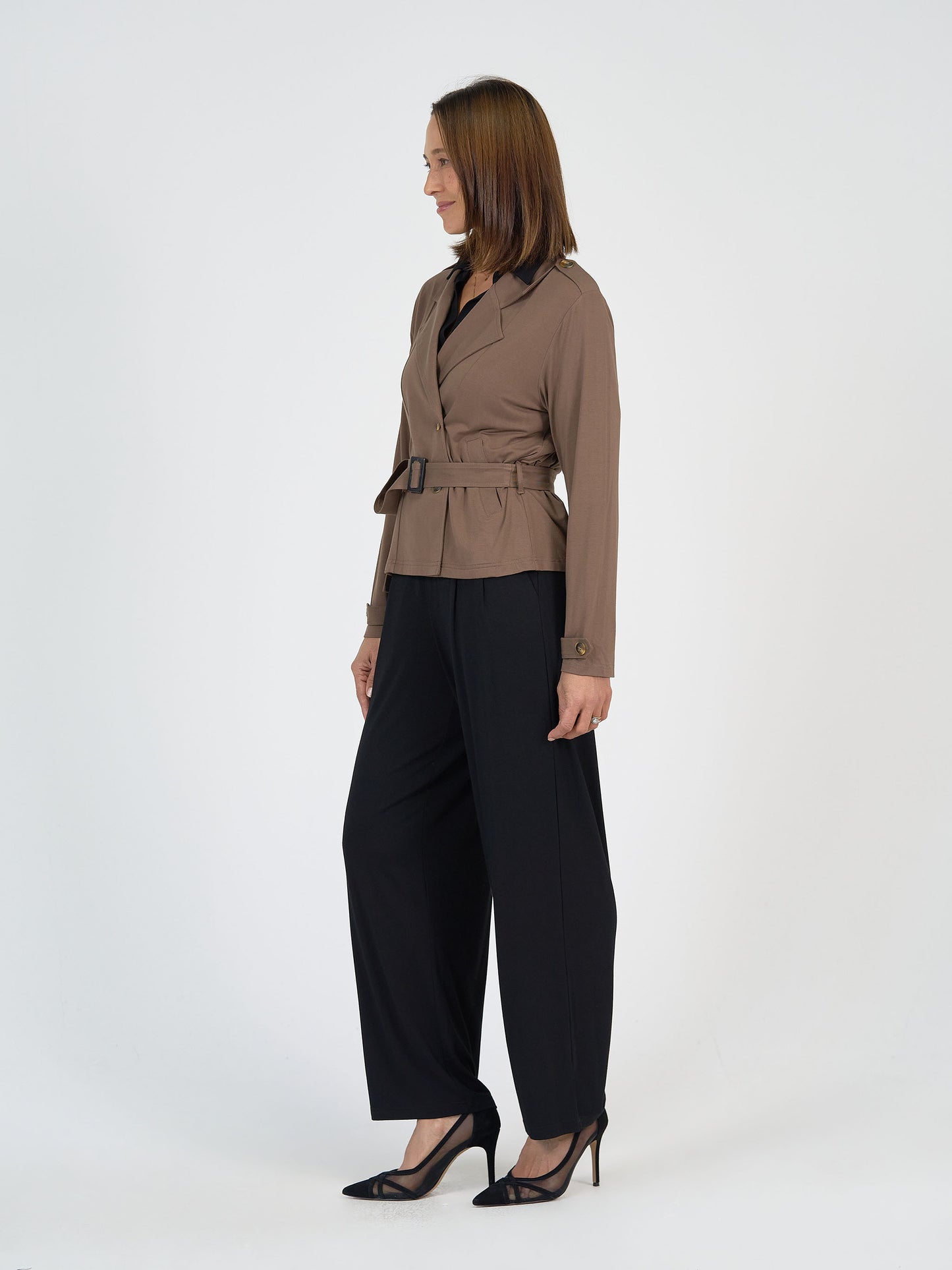 Lou Lou Australia Chocolate Cropped Trench Coat and Black Wide Leg Dress Pant