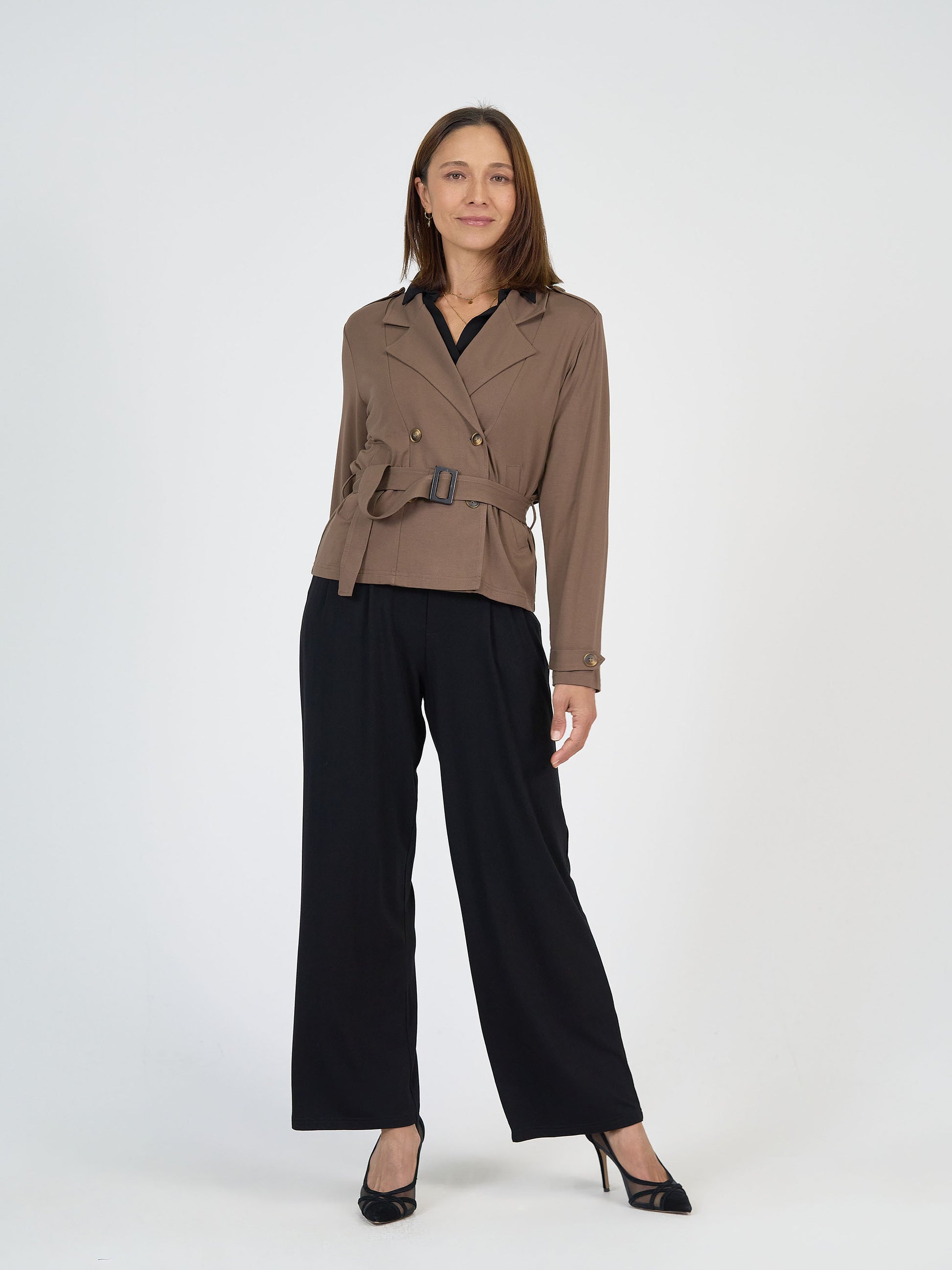 Lou Lou Australia Chocolate Cropped Trench Coat and Black Wide Leg Dress Pant