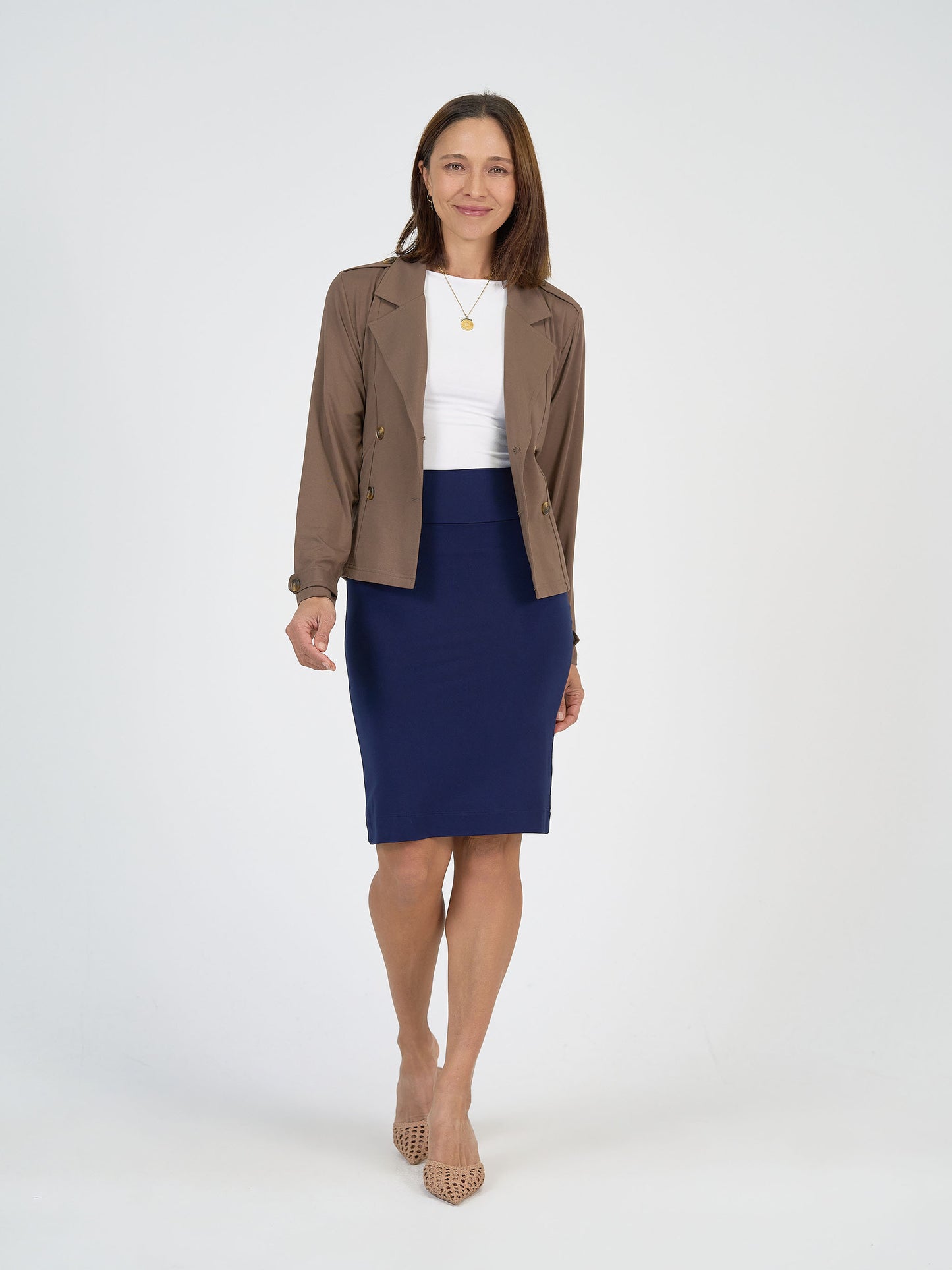 Lou Lou Australia Chocolate Cropped Trench Coat and Navy Tube Skirt