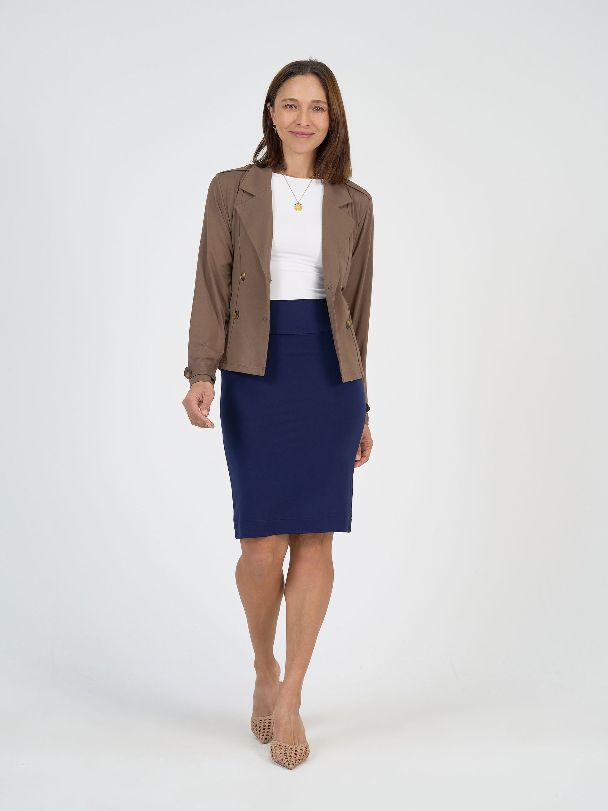 Lou Lou Australia Chocolate Cropped Trench Coat and Navy Tube Skirt