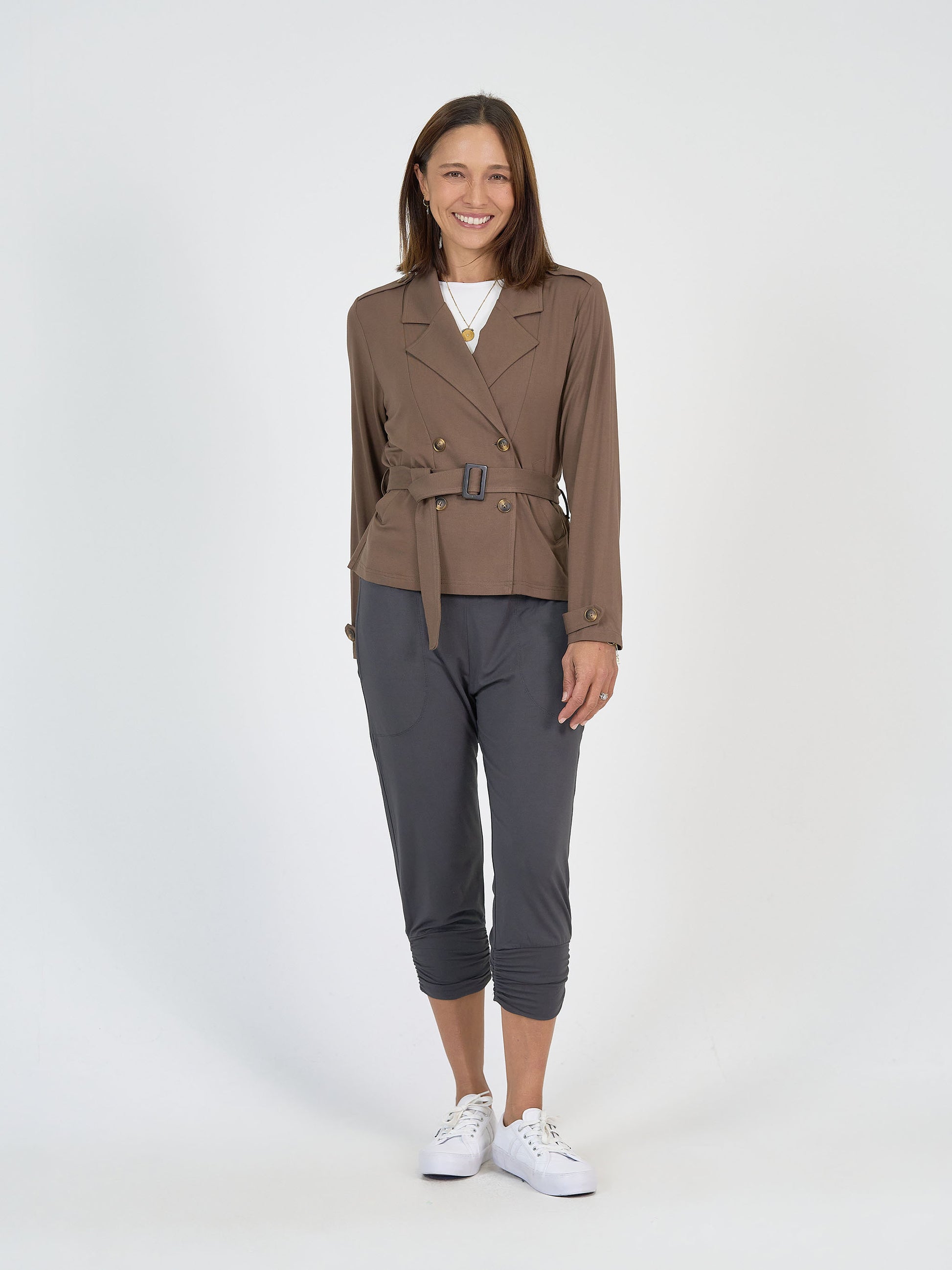 Lou Lou Australia Chocolate Cropped Trench Coat and Grey Jogger Pant