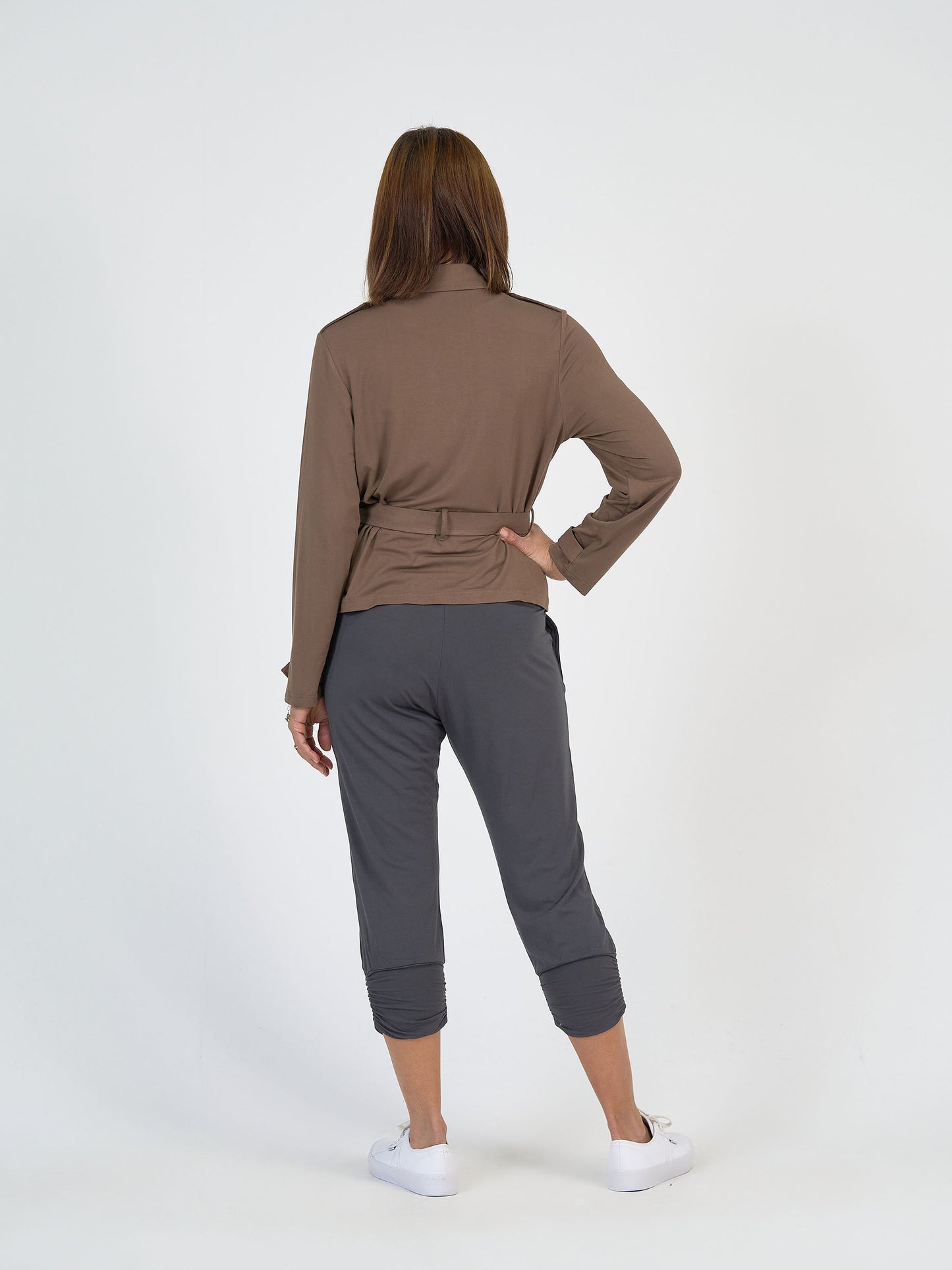 Lou Lou Australia Chocolate Cropped Trench Coat and Grey Jogger Pant