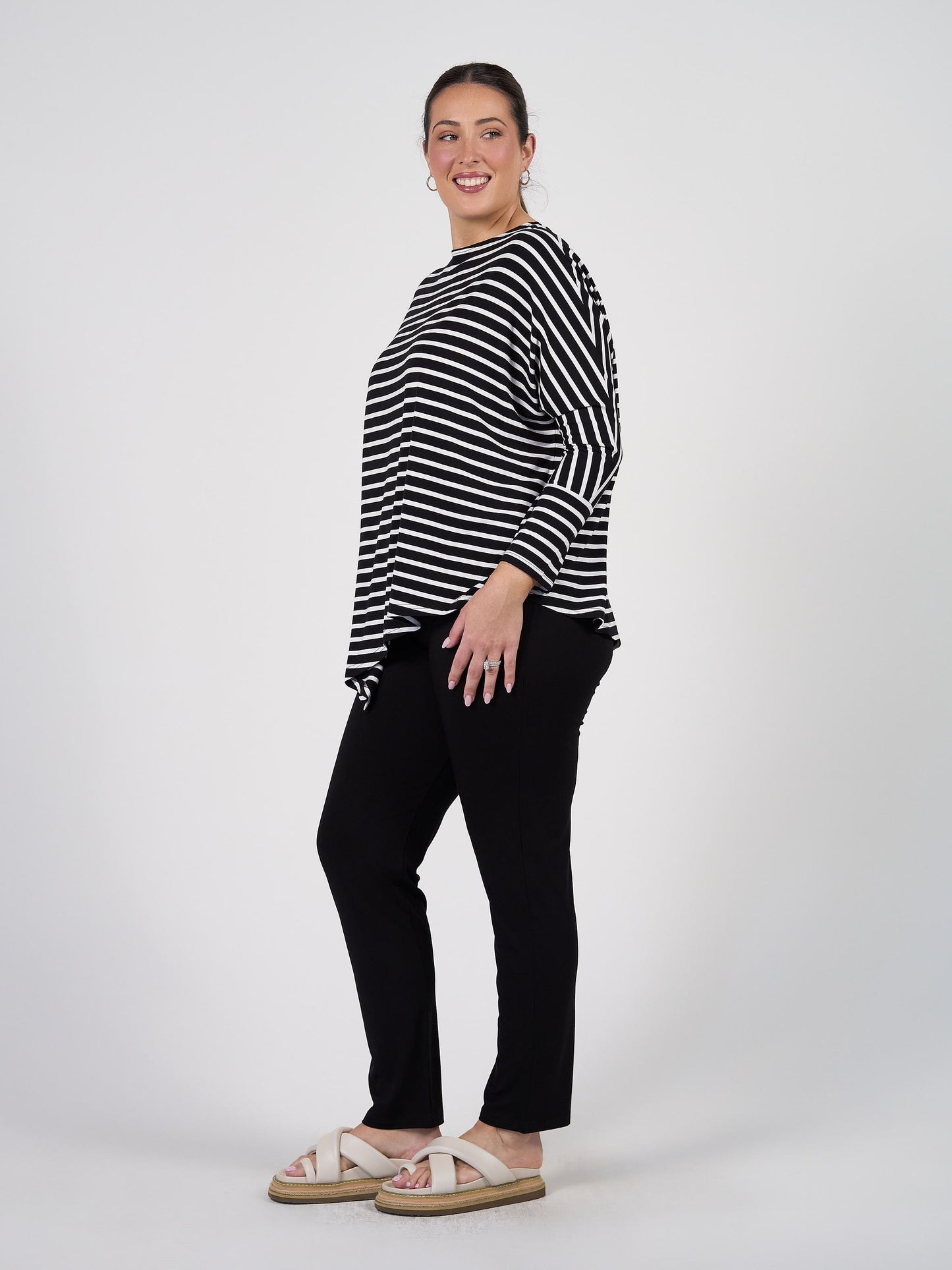 Susie Oversized Asymmetrical Bamboo Top - Black & White Stripe