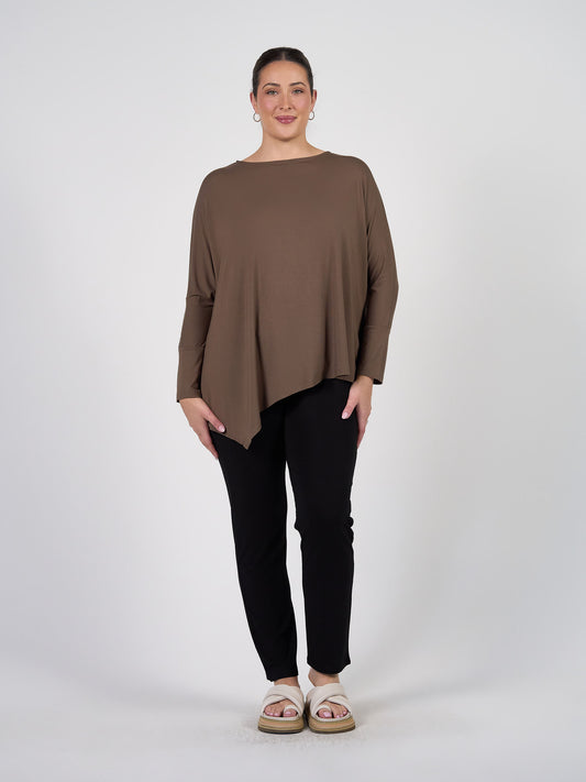 Lou Lou Australia Brown Oversized bamboo Asymmetrical long sleeve top and Black pants