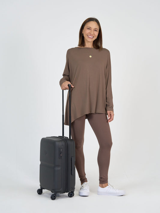 Lou Lou Australia Cabin Set in soft bamboo: loose brown top and matching brown leggings.
