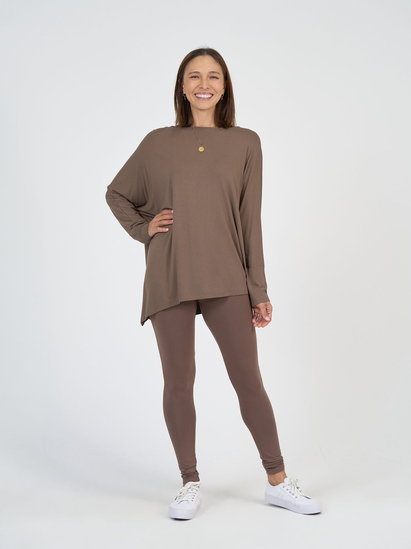 Lou Lou Australia Brown Oversized bamboo Asymmetrical long sleeve top and Leggings