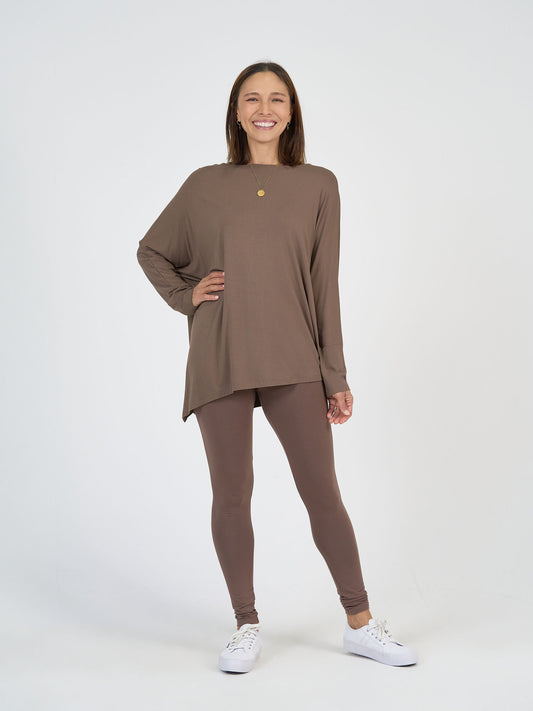 Lou Lou Australia Brown Oversized bamboo Asymmetrical long sleeve top and Leggings