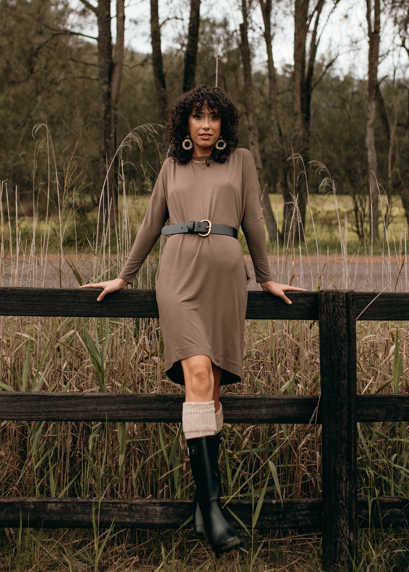 Turner Long-Sleeve Bamboo T-Shirt Dress - Chocolate