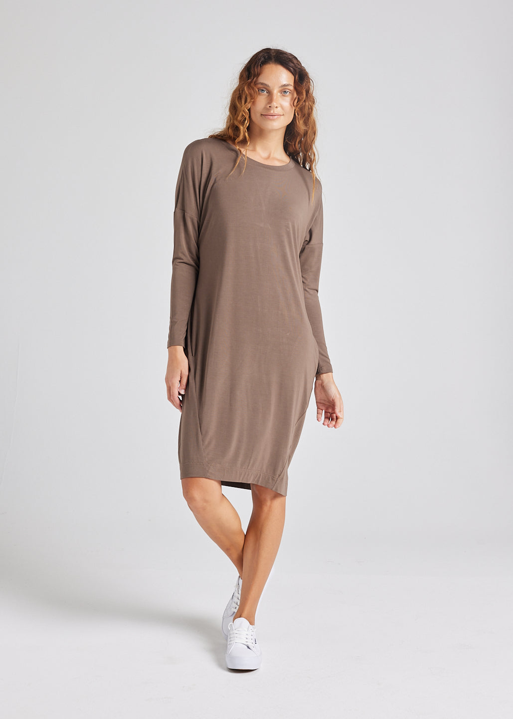 Turner Long-Sleeve Bamboo T-Shirt Dress - Chocolate