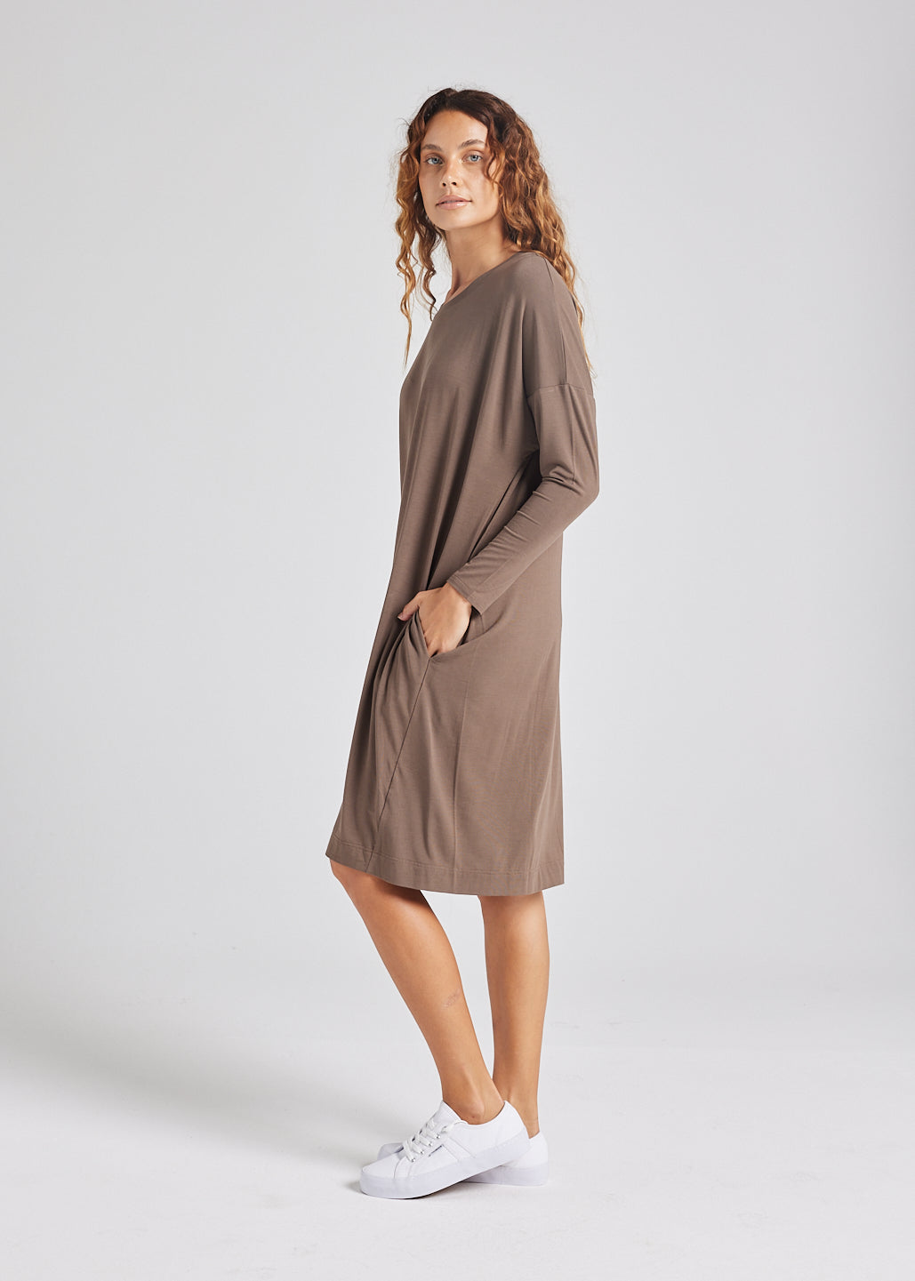 Turner Long-Sleeve Bamboo T-Shirt Dress - Chocolate