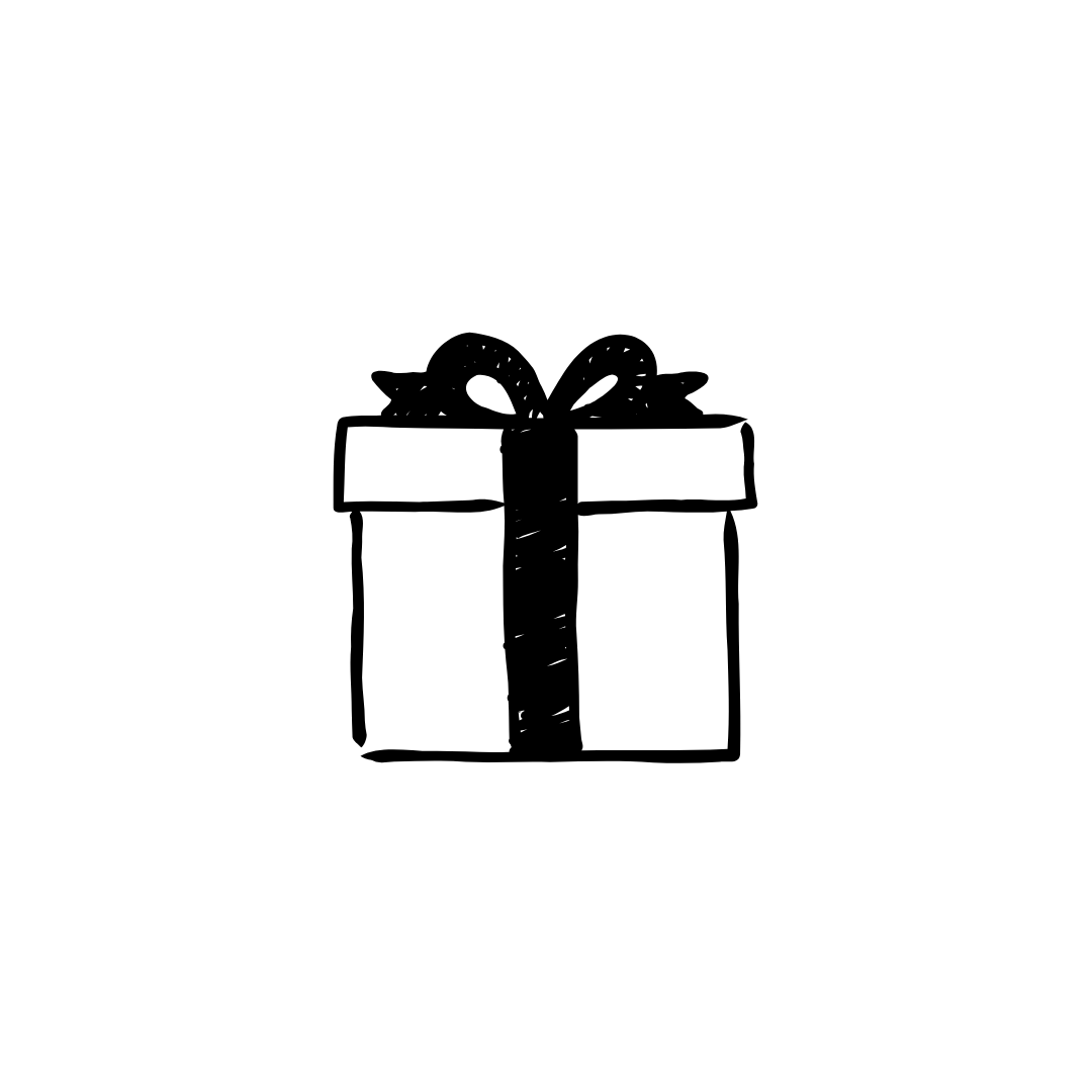 Hand-drawn black and white illustration of a striped gift box with a large ribbon, ideal for promoting the "Gift With Purchase" offer—receive a complimentary surprise on orders over $200. Simple white background keeps the focus on the product.