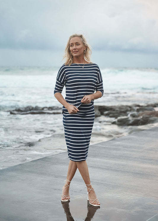 Fiona Fold Over Waist Tube Skirt - Navy Stripe