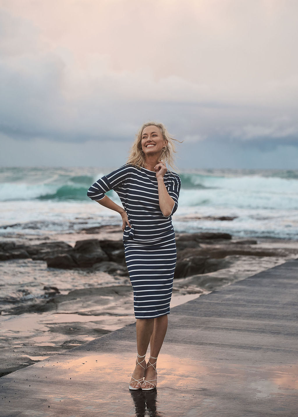 Lou Lou Australia Fiona Bamboo Fold-Over Waist Tube Skirt in Navy Stripe, made from soft bamboo fabric.