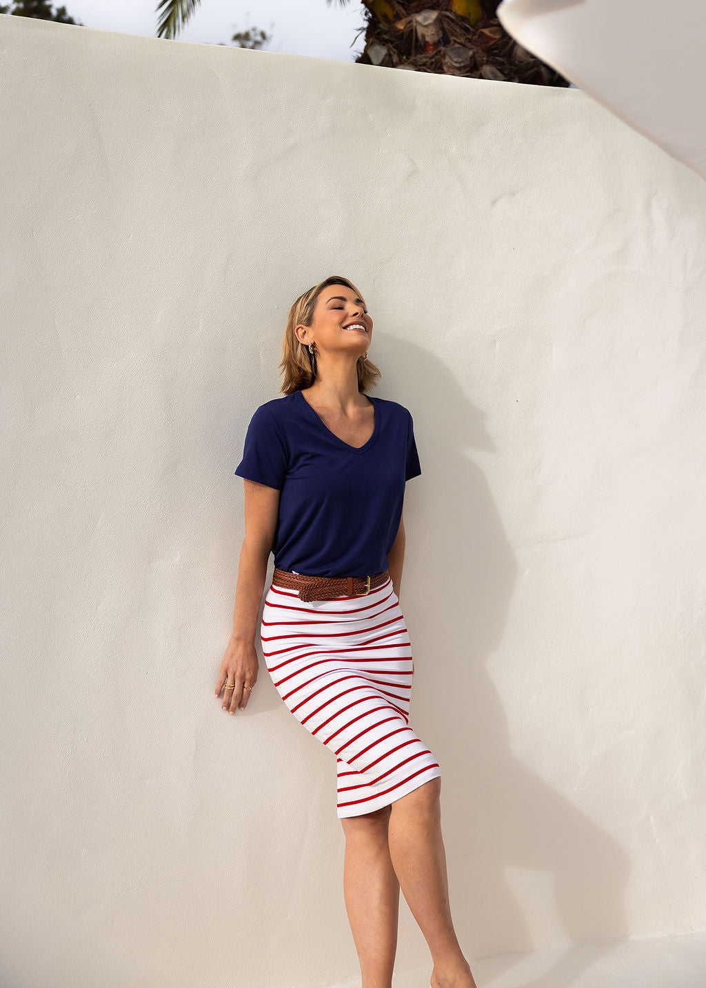 Midi Bamboo Whitney Tube Skirt - Lipstick& White Stripe